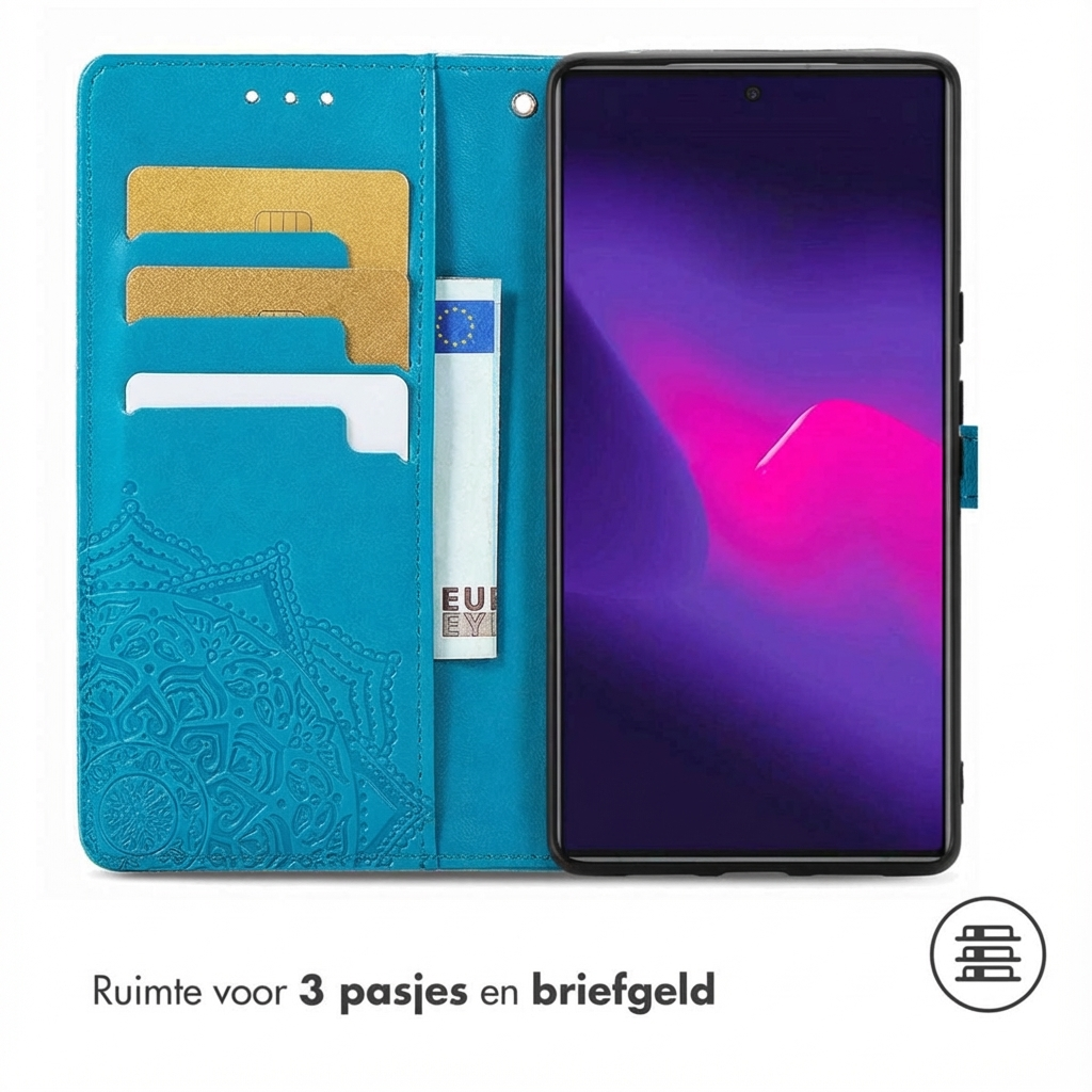 Blauw telefoonhoesje met kaarthouders, telefoon en bankbiljet.
