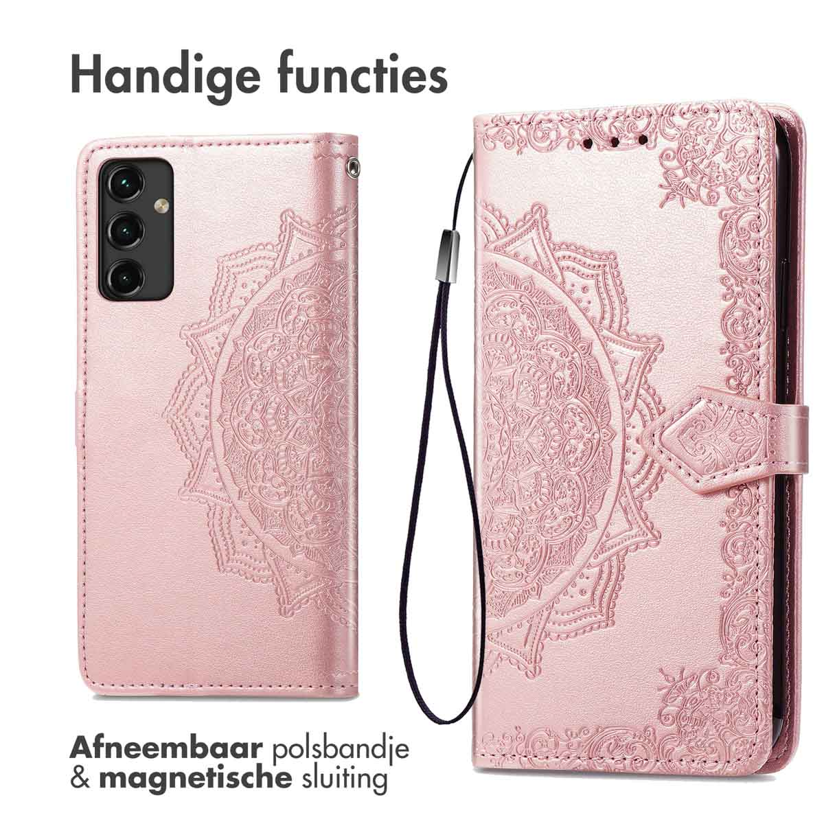 Roze telefoonhoes met reliëf mandala en afneembaar polsbandje.