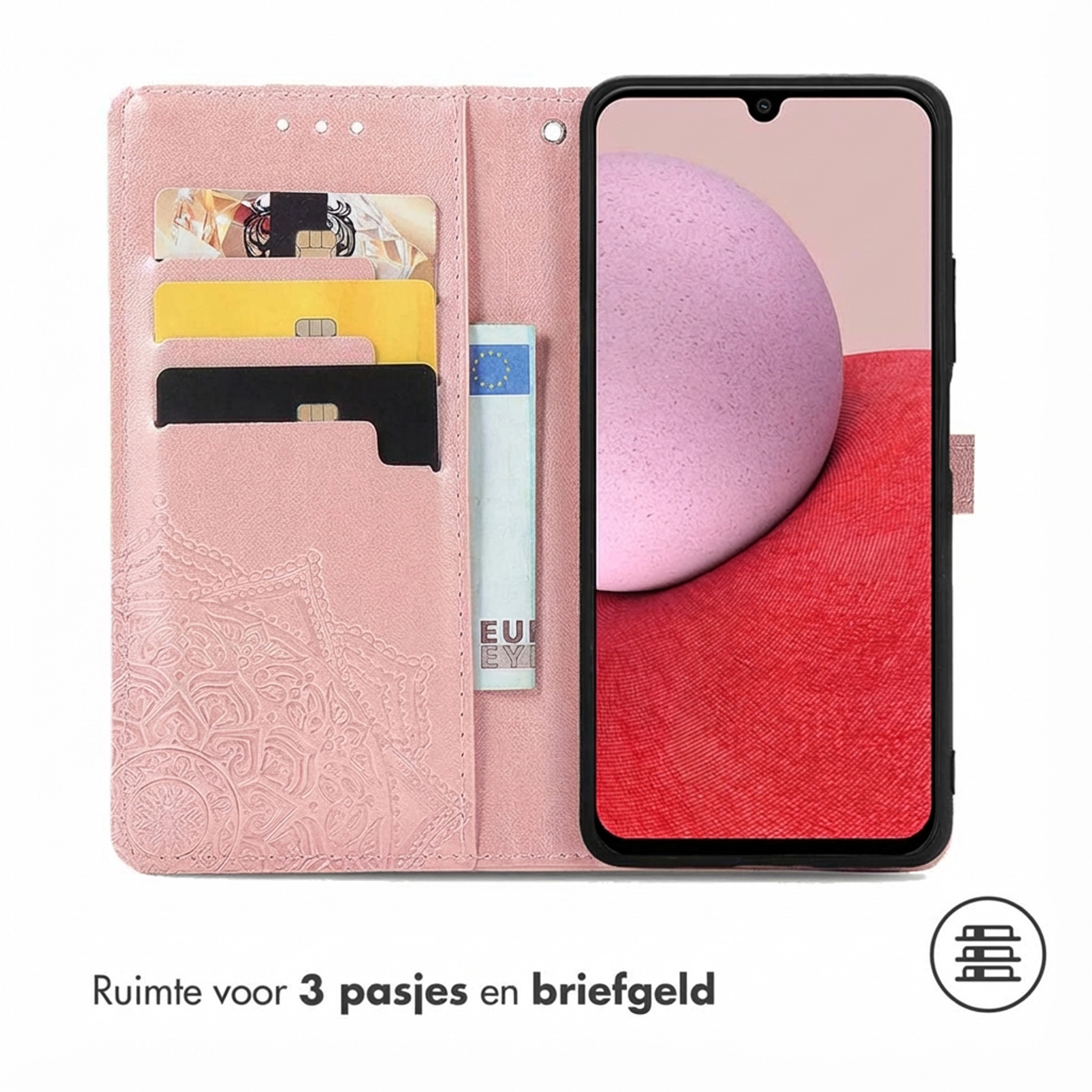 Een roze telefoonhoes met kaartsleuven en een telefoon met roze en rode achtergrond.