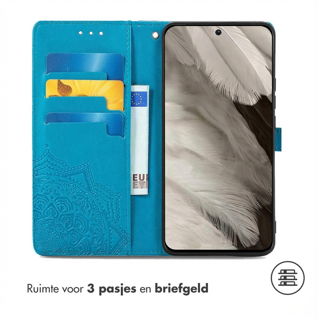Turquoise telefoon portemonnee standaard met kaartsleuven en geldvak. Telefoon zichtbaar.