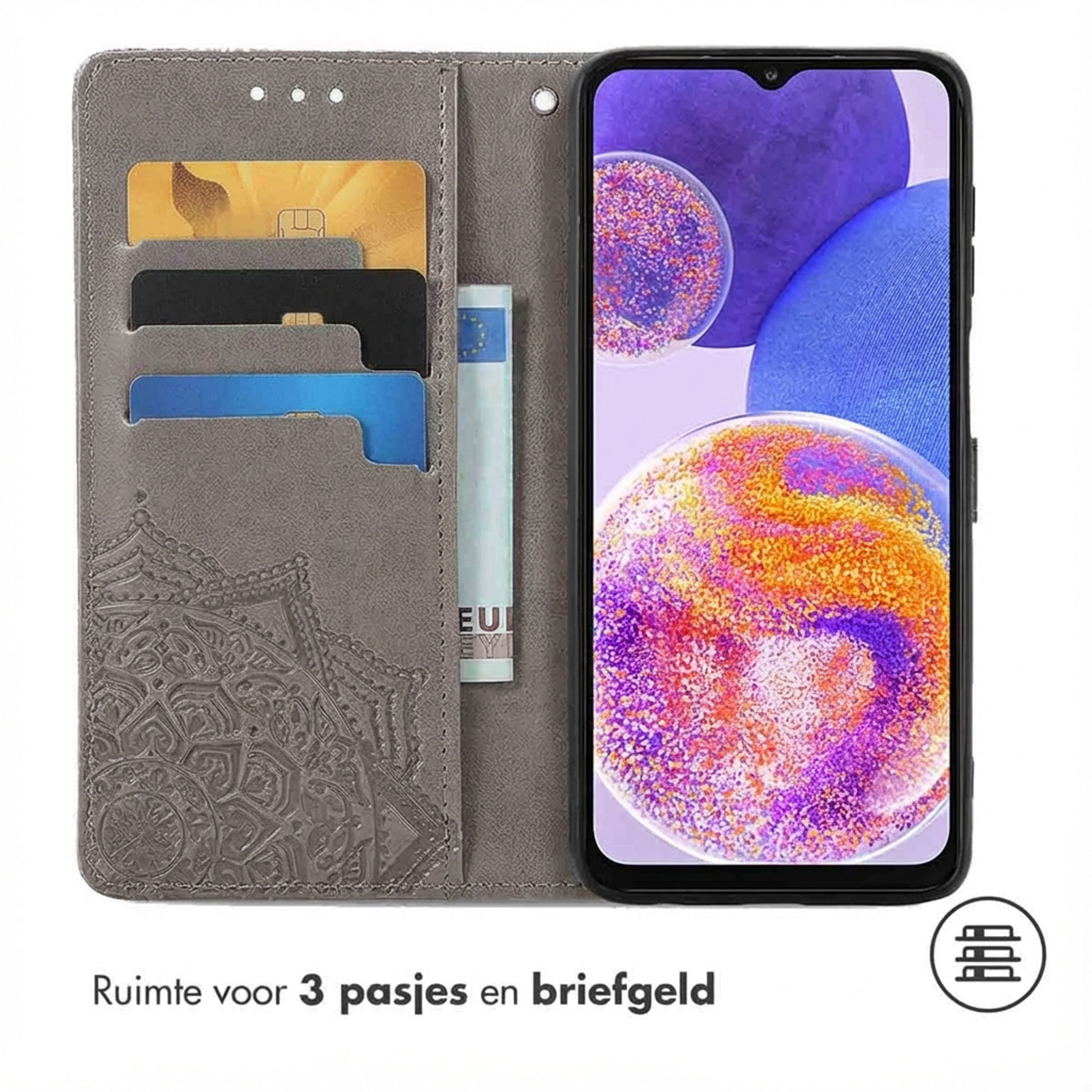 Grijze telefoonhoes met kaartsleuven, geldvak en telefoon.