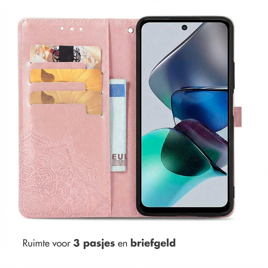 Roze telefoonhoes met kaarthouders en briefgeldvak, toont een smartphone.