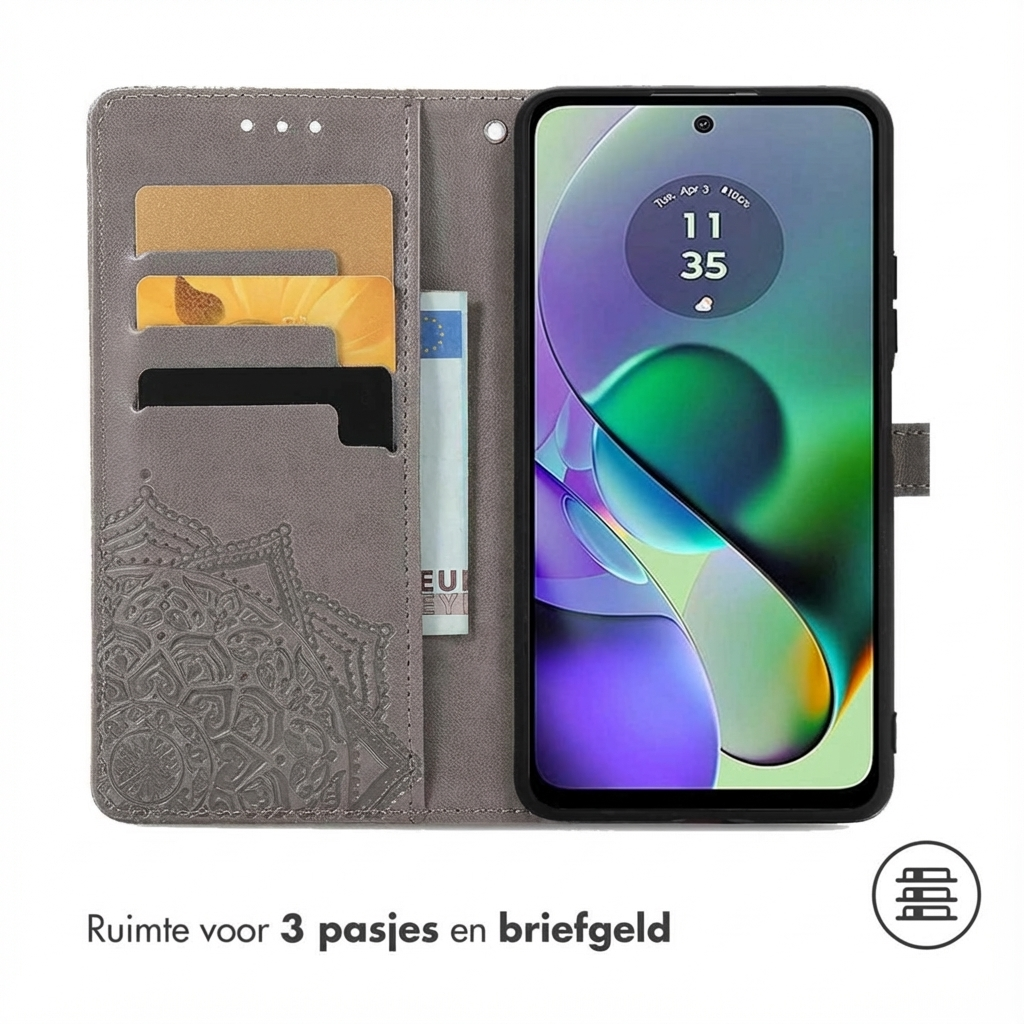 Grijze telefoonhoes met kaarthouders en geldvak. Telefoon toont de tijd.
