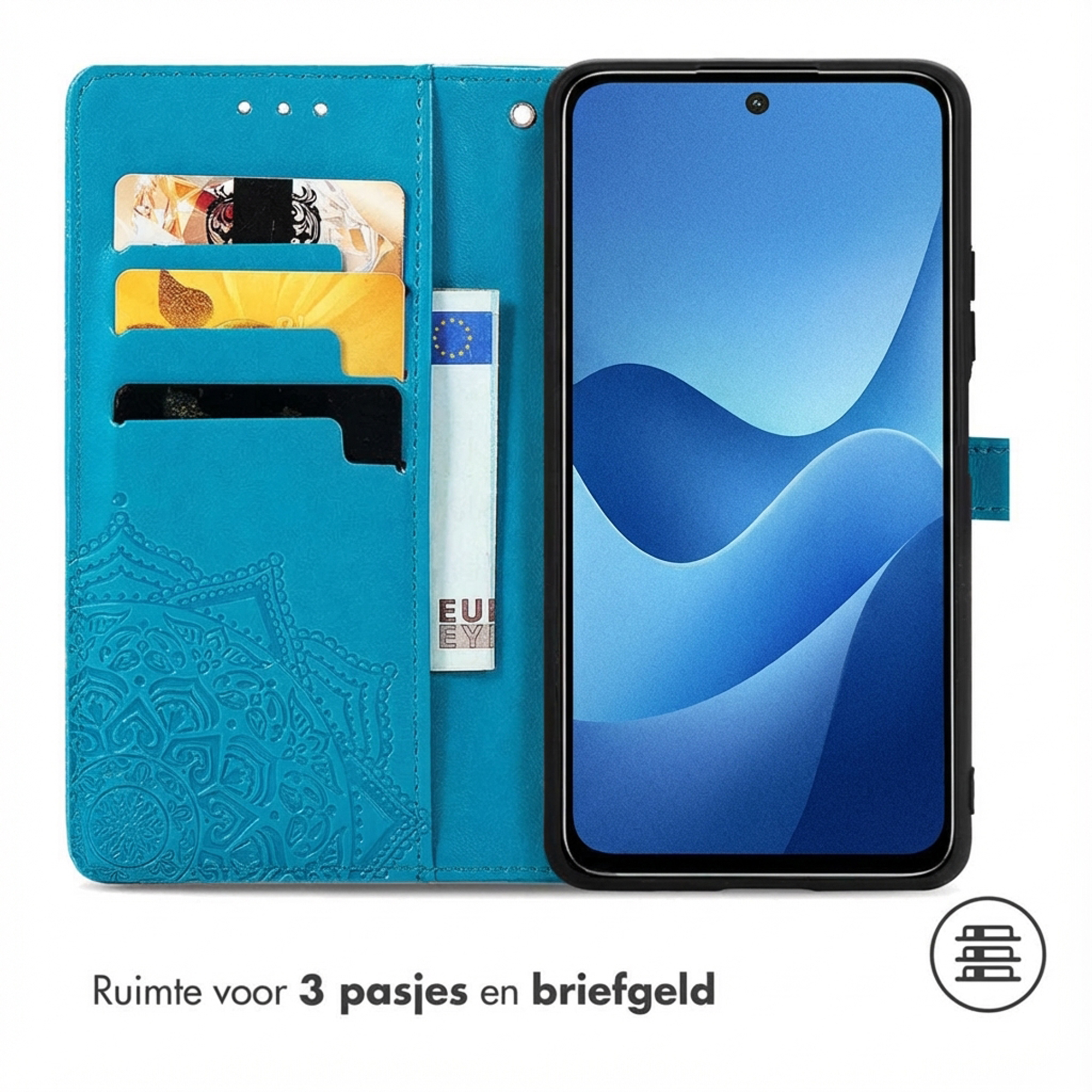 Étui de téléphone bleu avec fentes pour cartes et poche à billets. Smartphone avec fond bleu.