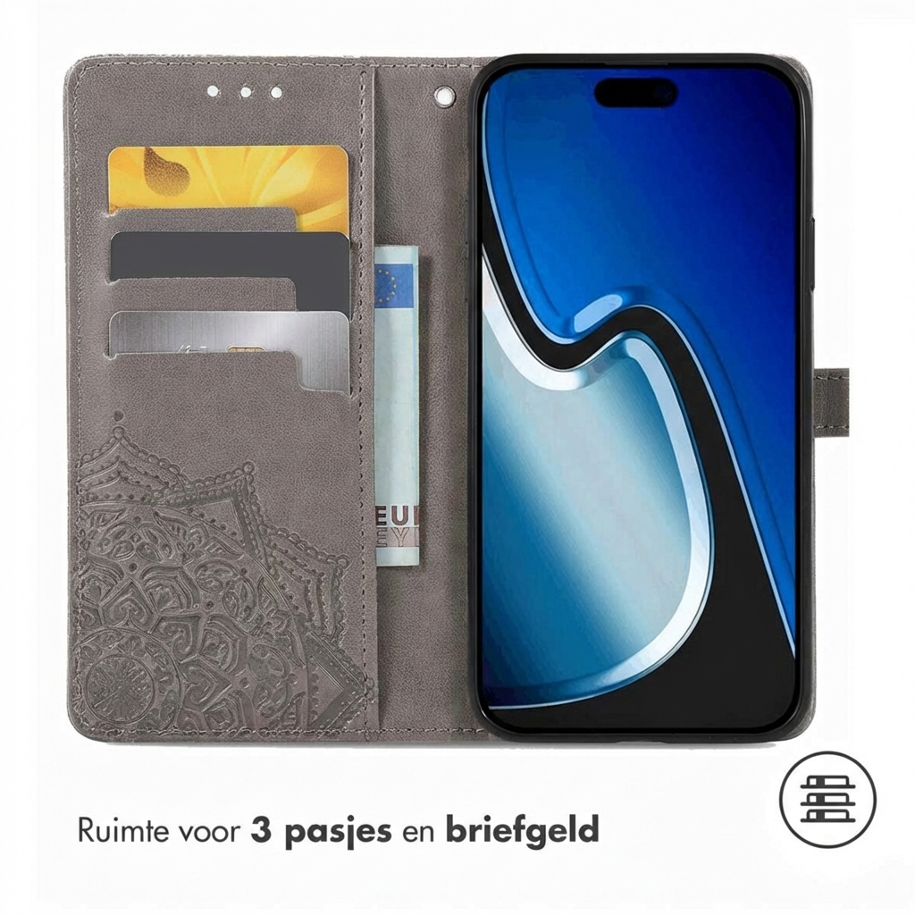 Gray phone case with card slots and money pocket. Smartphone next to it.