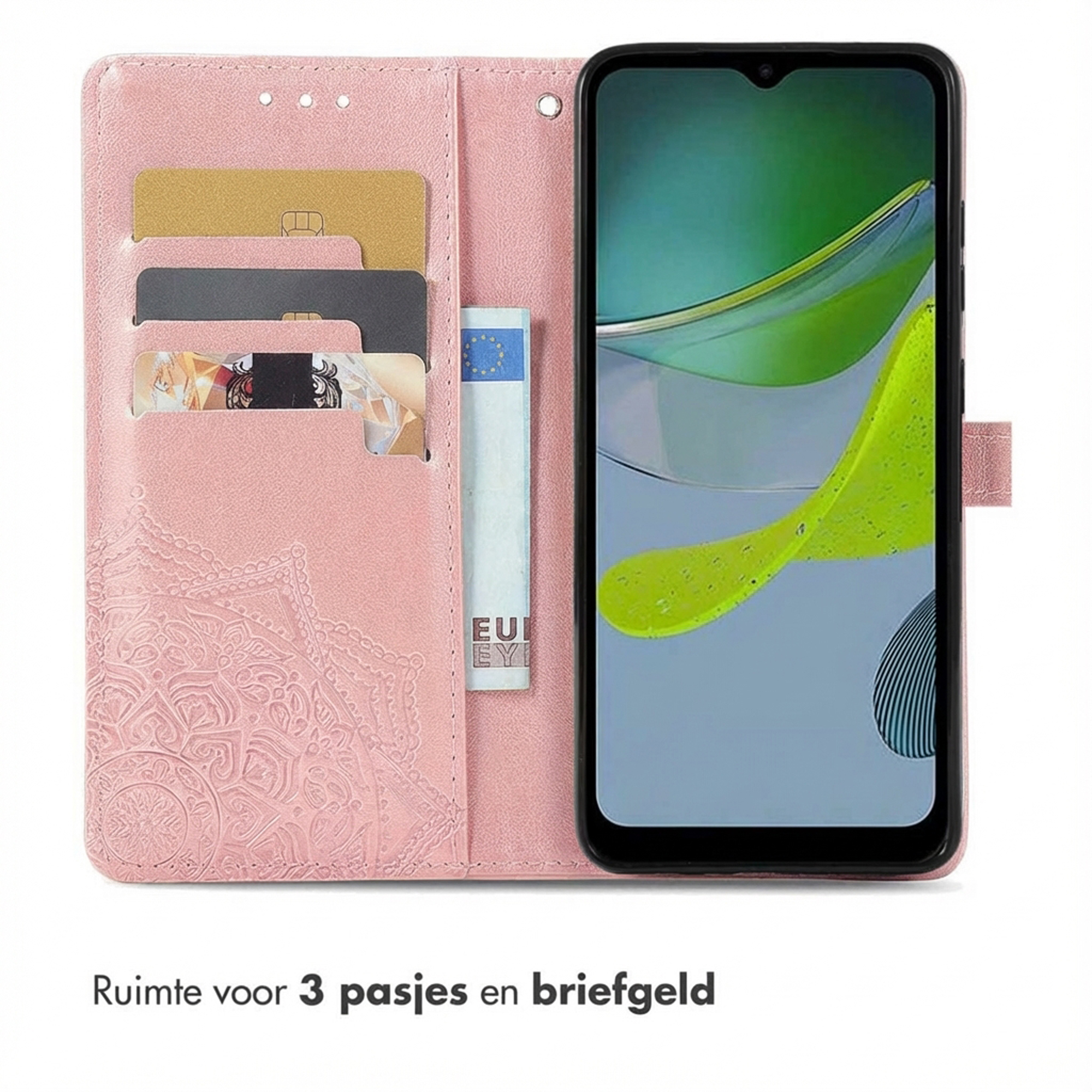 Een roze telefoon-portemonnee met kaartsleuven en een telefoon erin.
