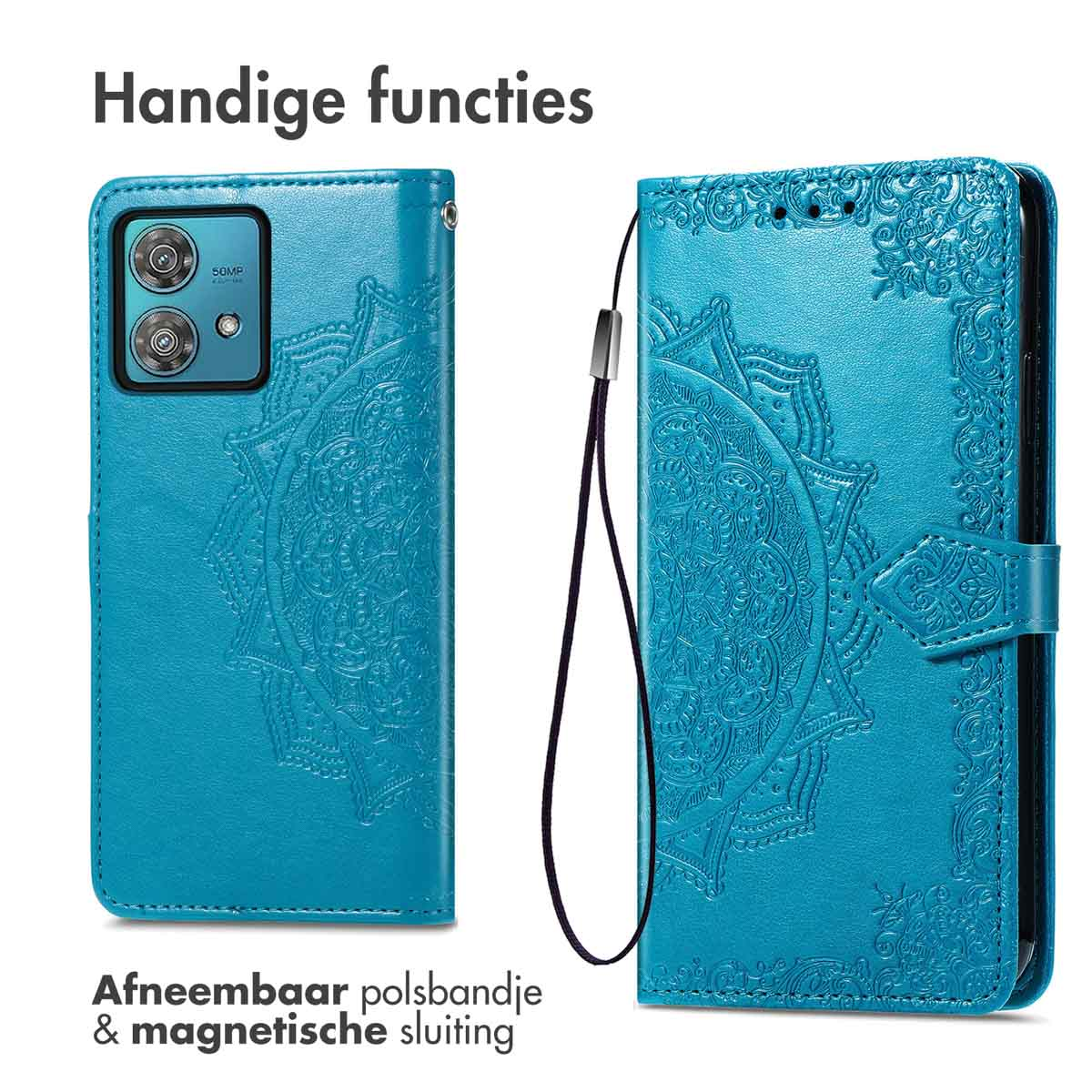 Turquoise telefoonhoesje met mandala-reliëf, voor- en open zijde.