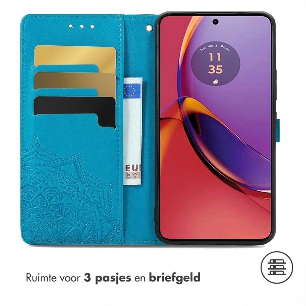 Blauw telefoonhoesje met kaarthouders en geldvak. Telefoon toont tijd 11:35.