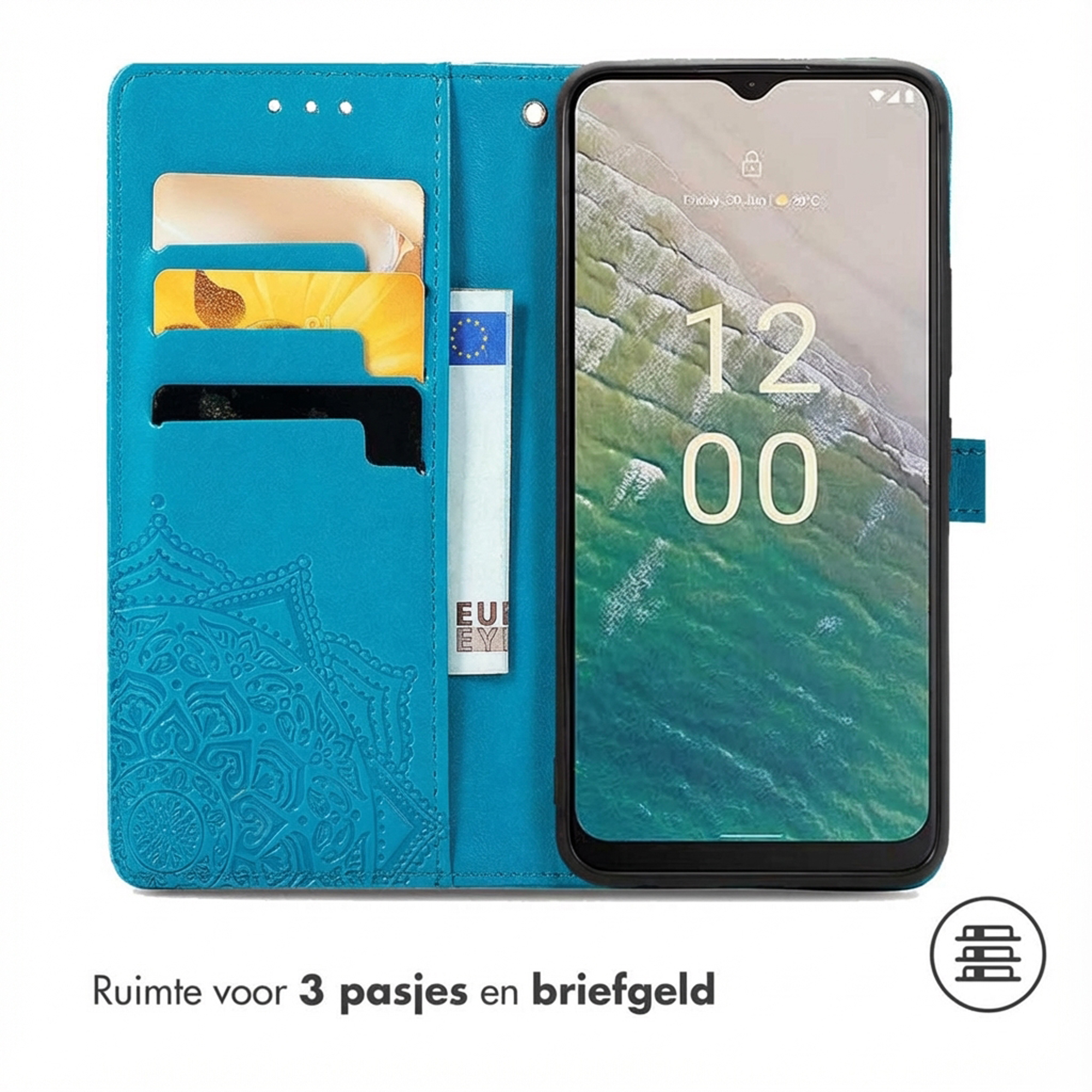 Étui de téléphone bleu avec fentes pour cartes, poche à billets et téléphone.