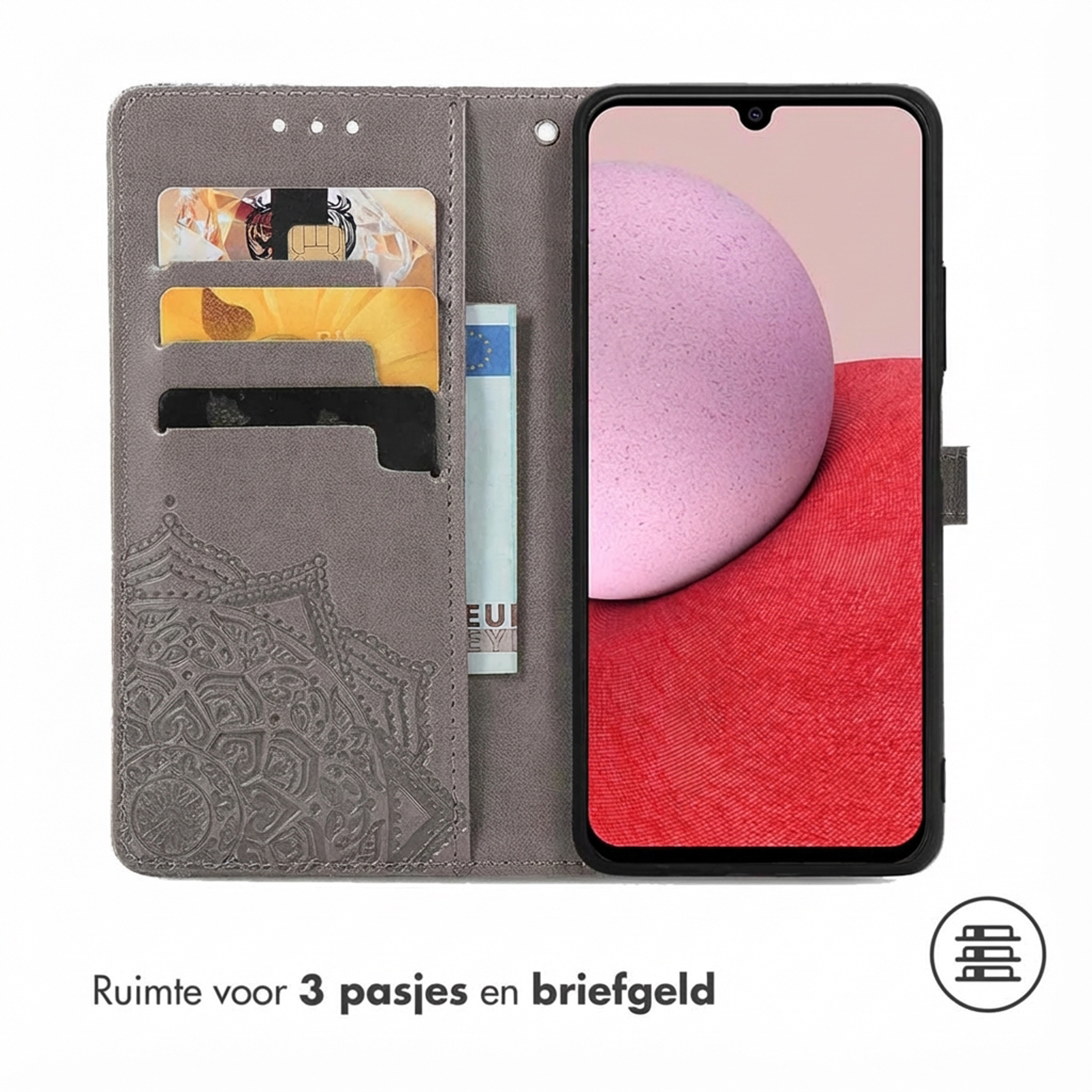 Grijze telefoonhoes met kaarthouders, biljetvak en mandalaprint.