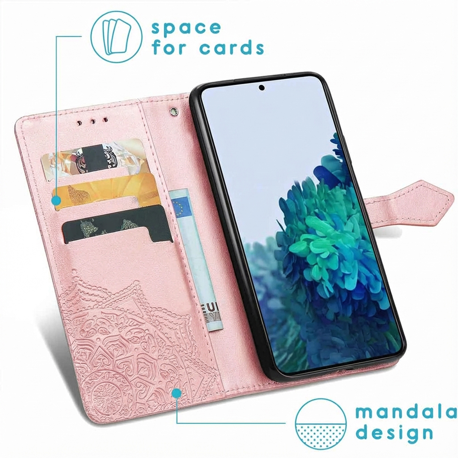Een roze telefoonhoesje met kaartsleuven, geld en een mandala-ontwerp.