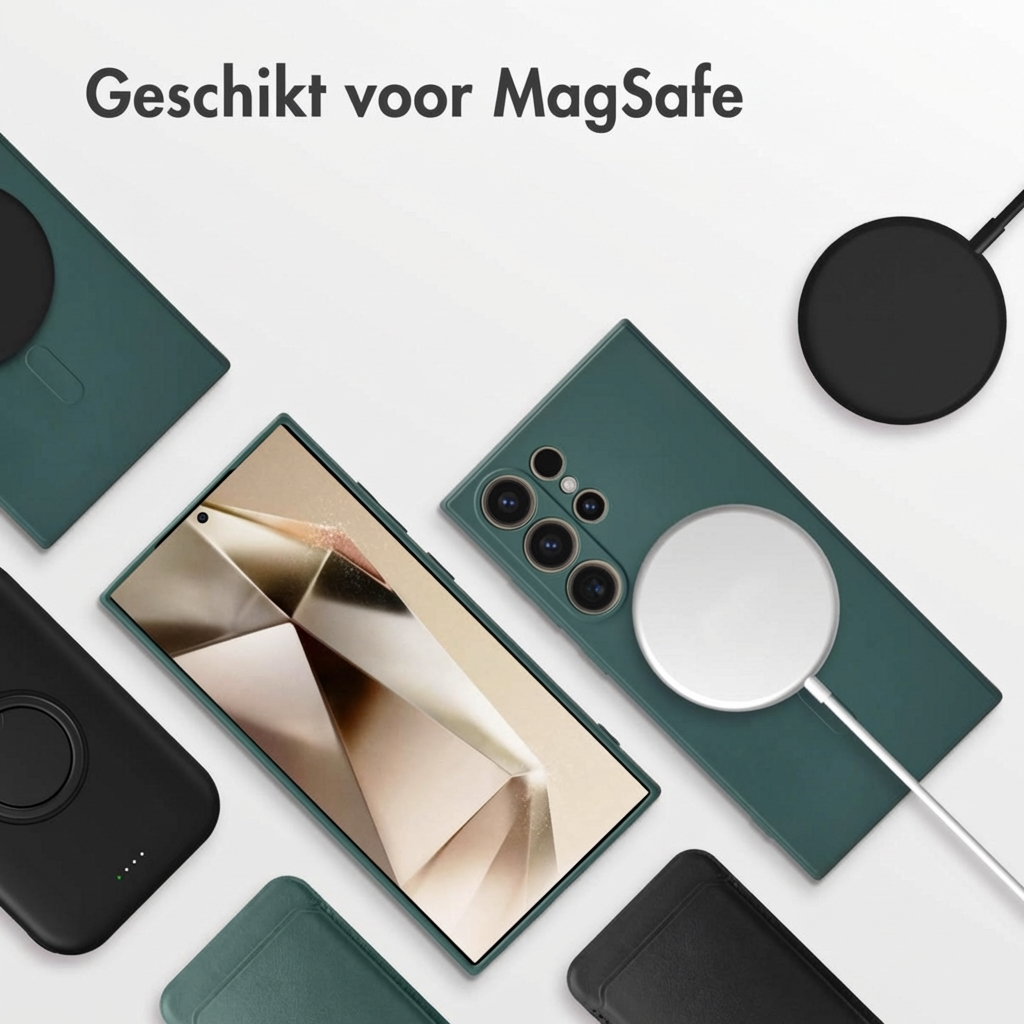 Coque de téléphone verte avec chargeur MagSafe et smartphone à côté.