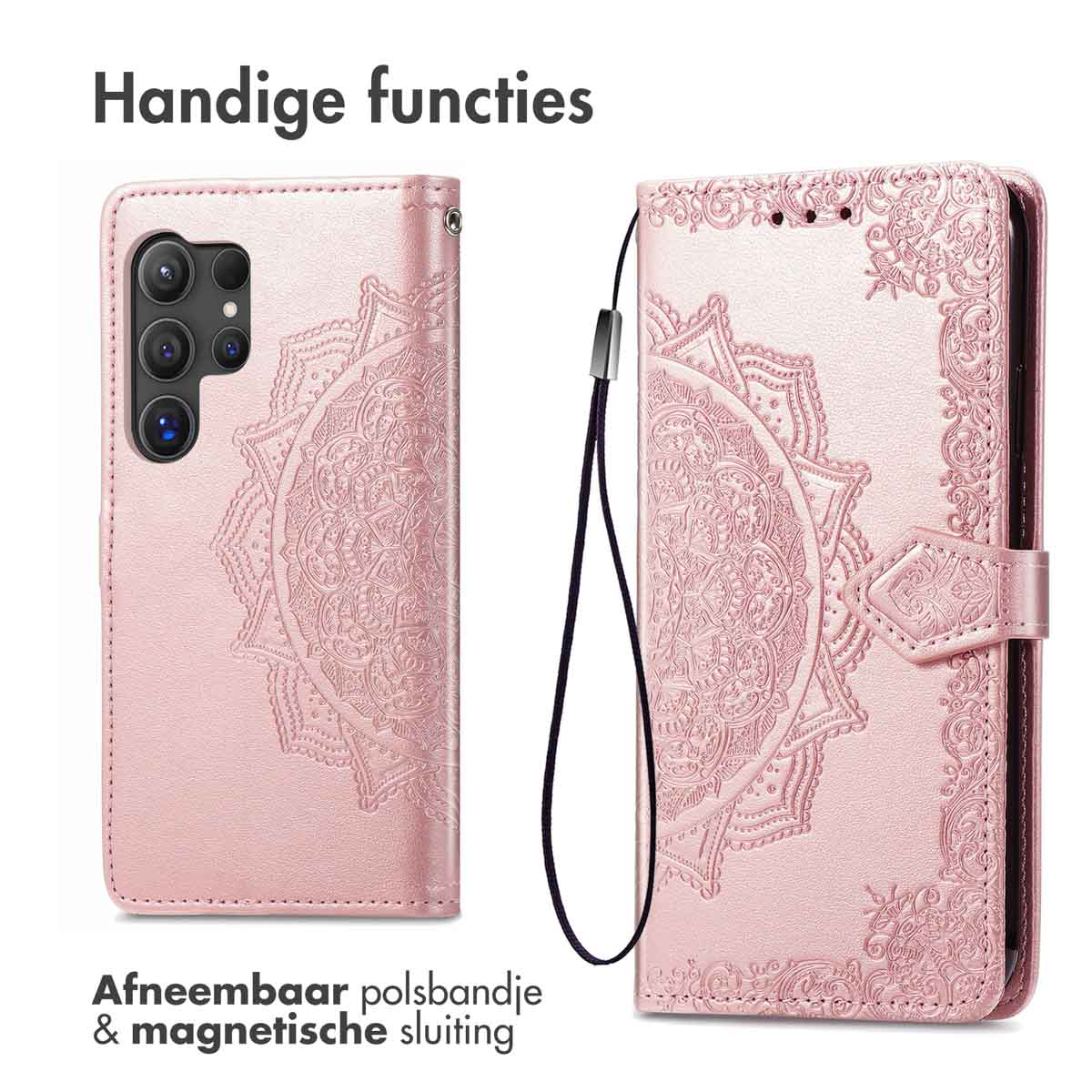 Roze telefoonhoesje met mandala-patroon, camera en riempje.