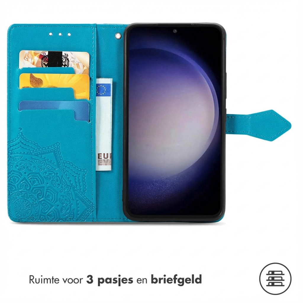 Blauwe telefoon flipcase met kaarthouders en een telefoon.