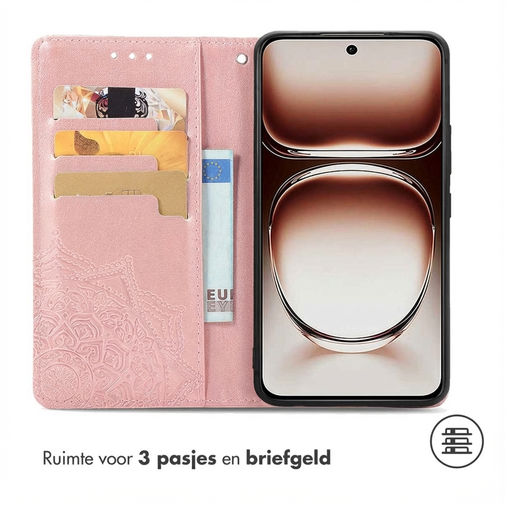 Roze telefoonhoesje met kaarthouders en geldvak, toont een telefoon.