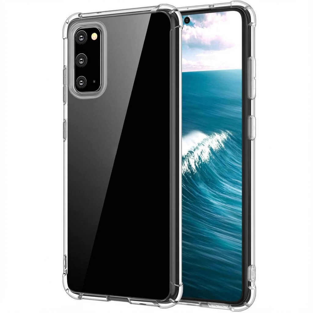 Une coque de téléphone transparente avec un téléphone affichant un fond d'écran de vagues.