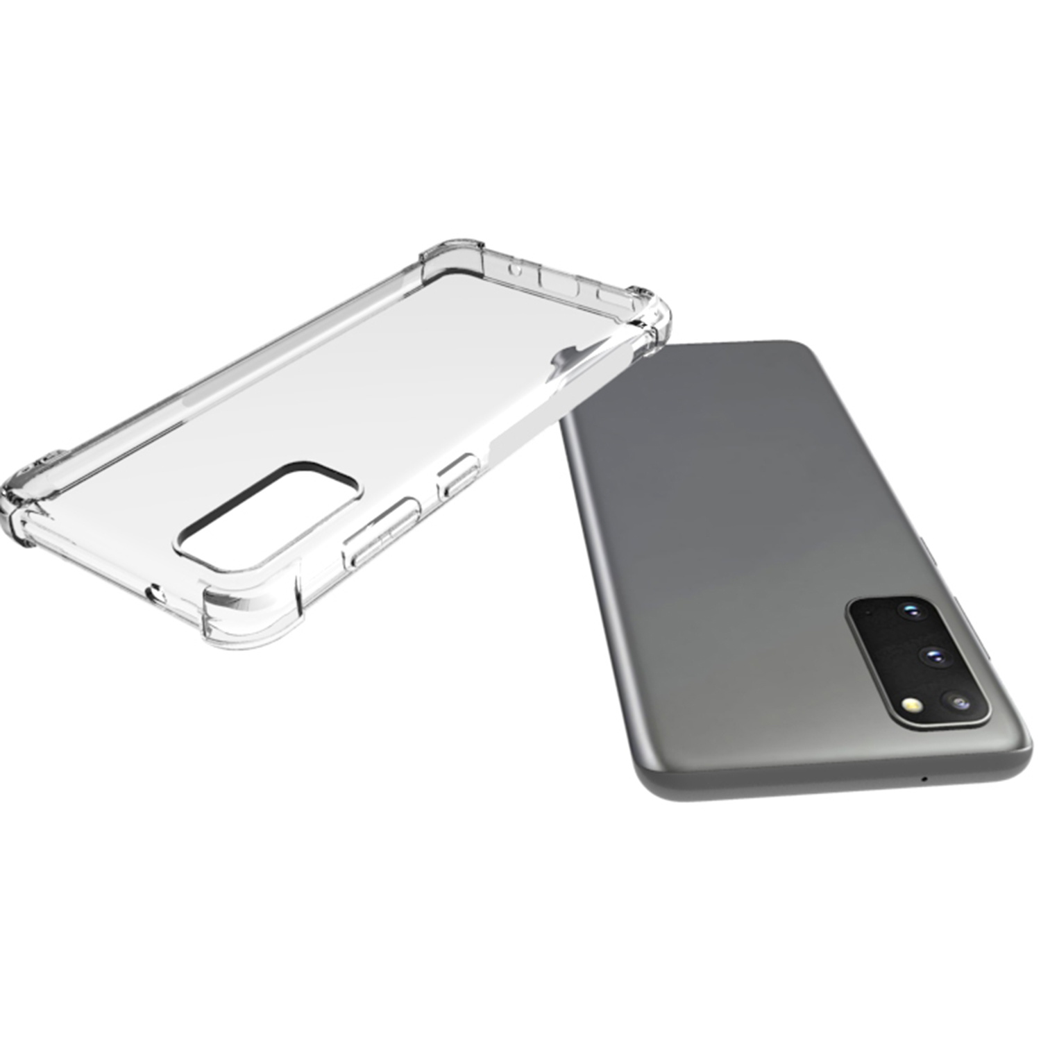 Une coque de téléphone transparente repose à côté d'un smartphone gris à trois caméras.