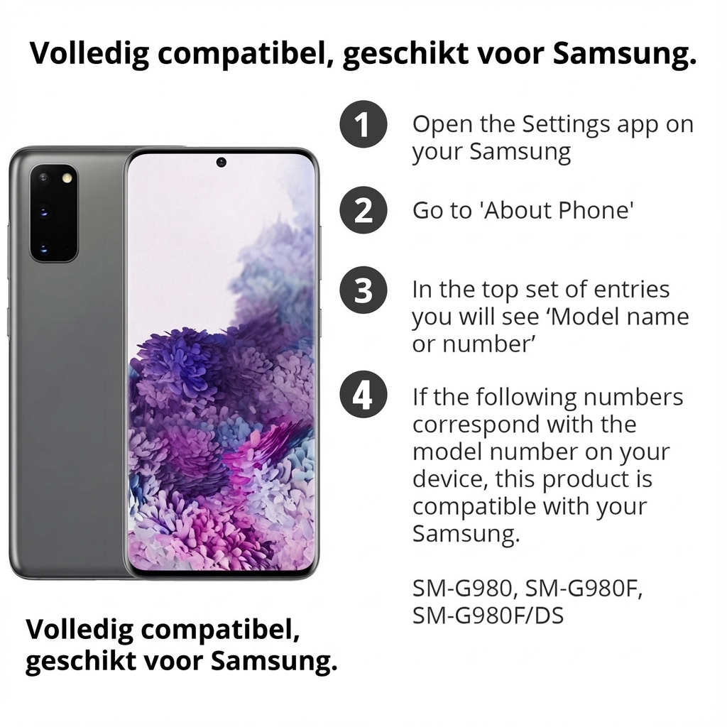 Un smartphone Samsung avec des instructions sur la compatibilité du modèle.