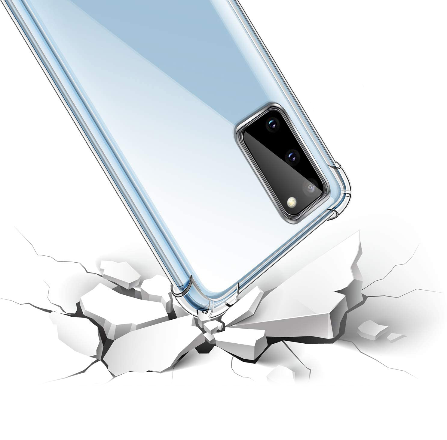Coque de téléphone transparente traversant une surface blanche.