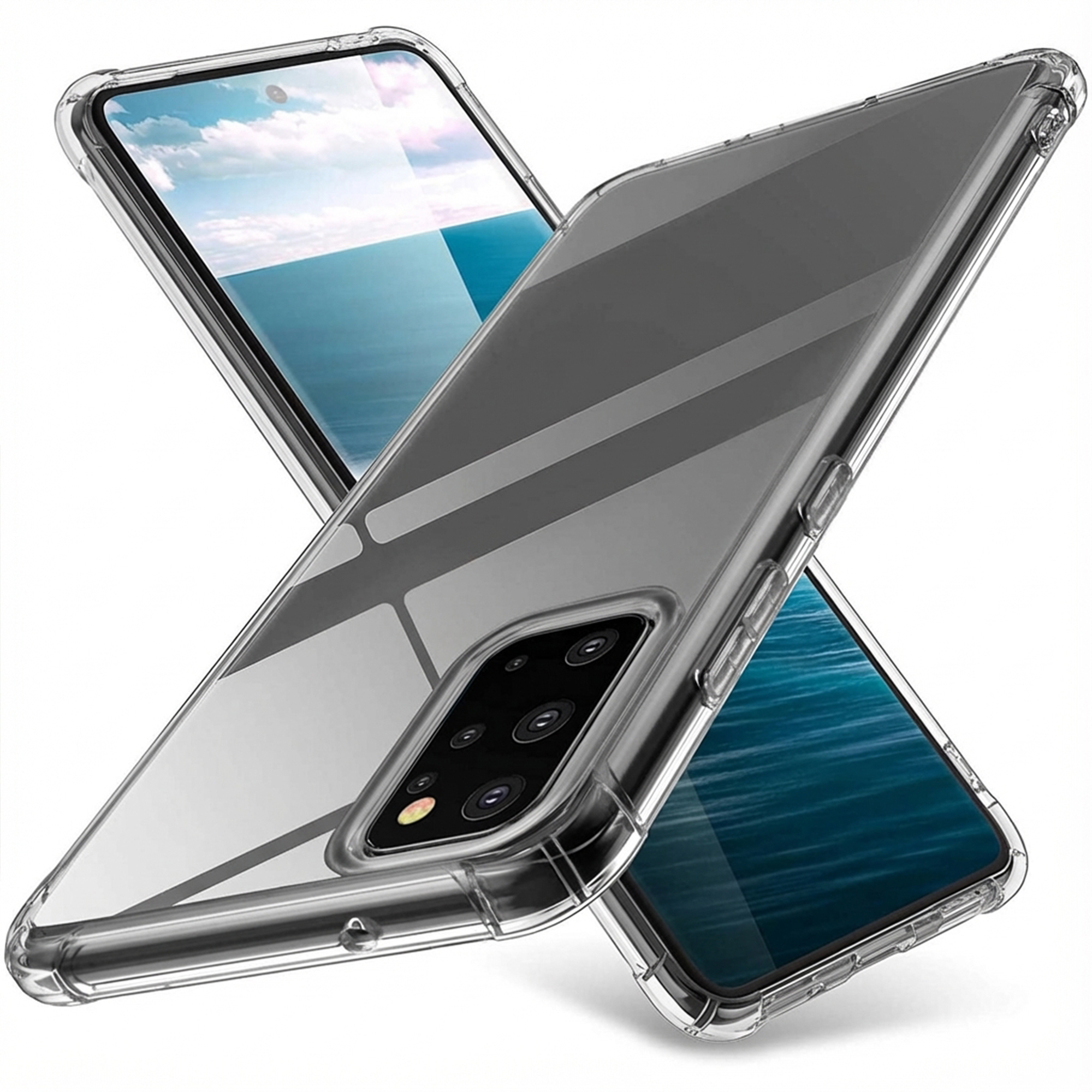 Coque de téléphone transparente avec quadruple caméra arrière, sur fond blanc.