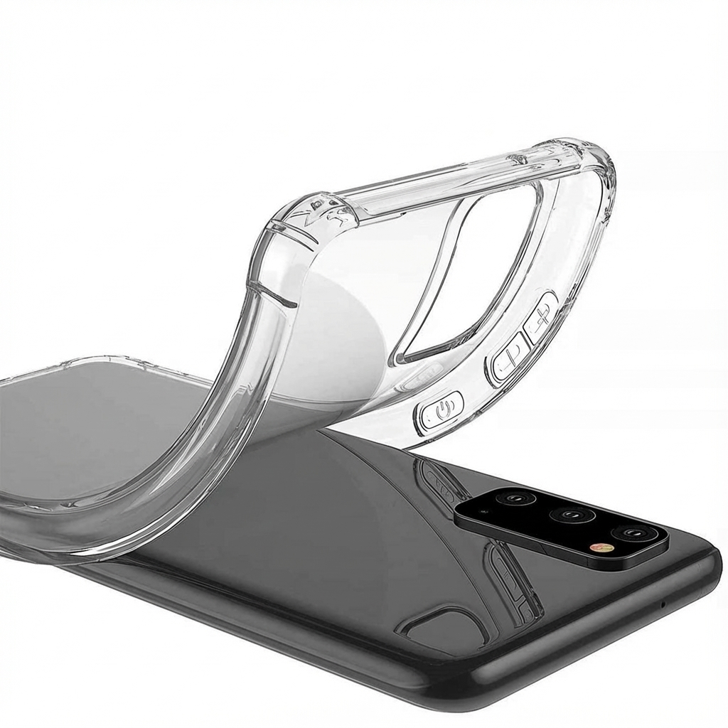 Coque de téléphone transparente posée sur un smartphone sombre avec module caméra.