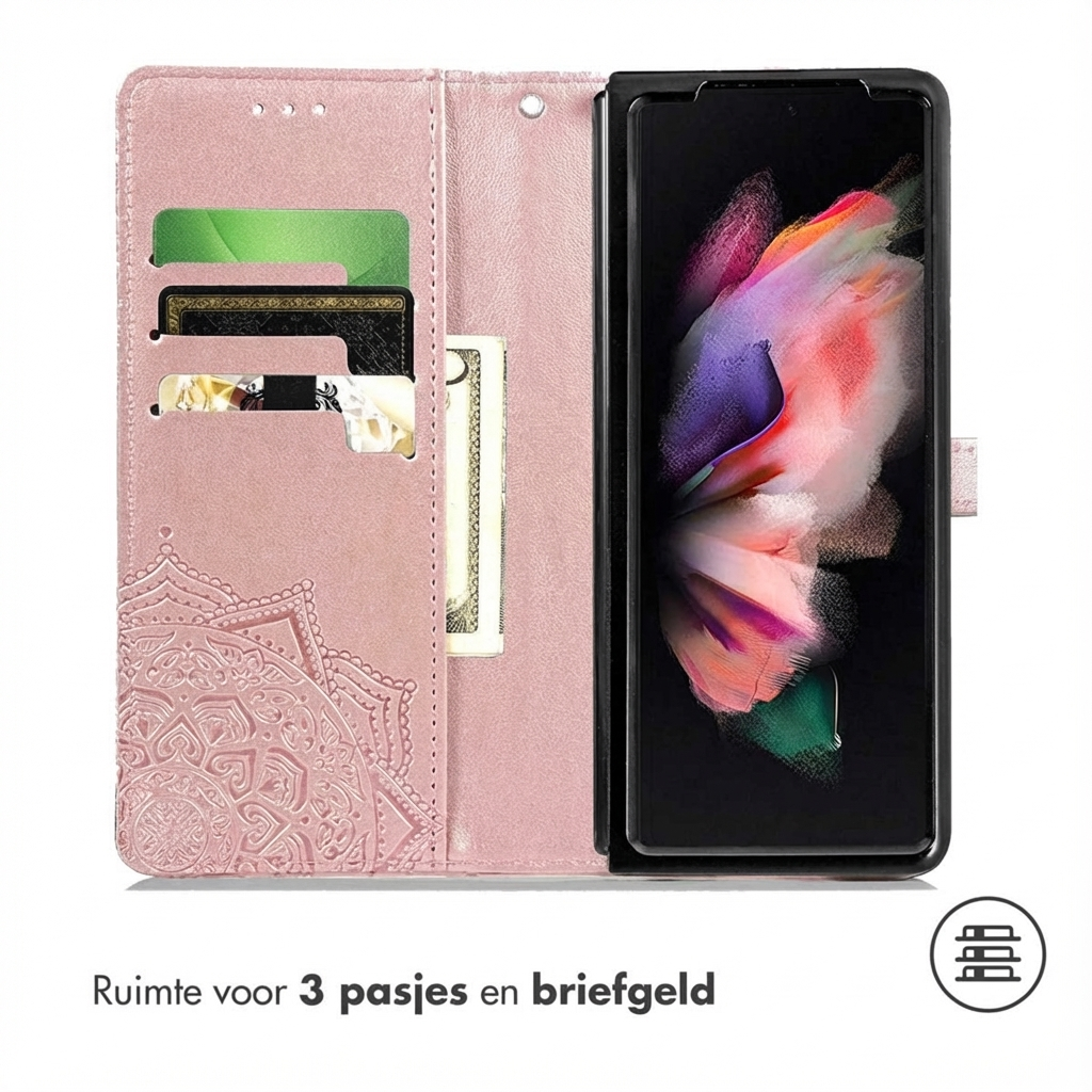 Een roze telefoonhoesje met kaartsleuven en een mandaladesign.