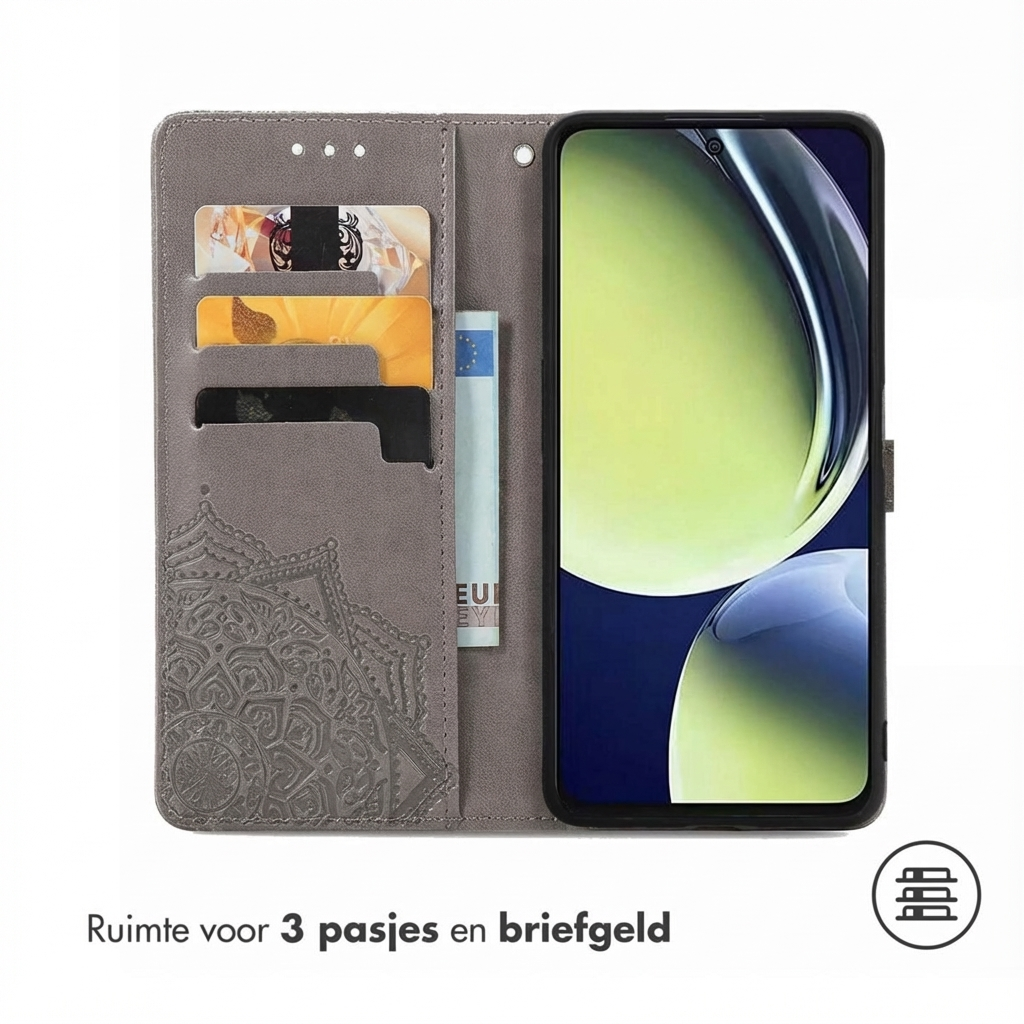 Custodia a libro grigia con slot per carte e scomparto banconote. Telefono inserito.