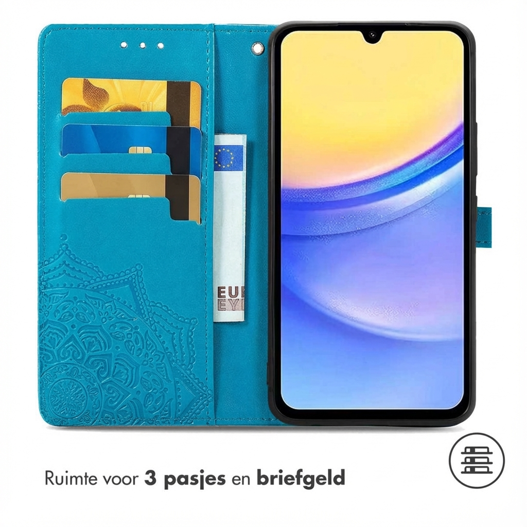 Blauw telefoonhoesje met kaartsleuven en een bankbiljet. Telefoonscherm toont abstracte kleuren.