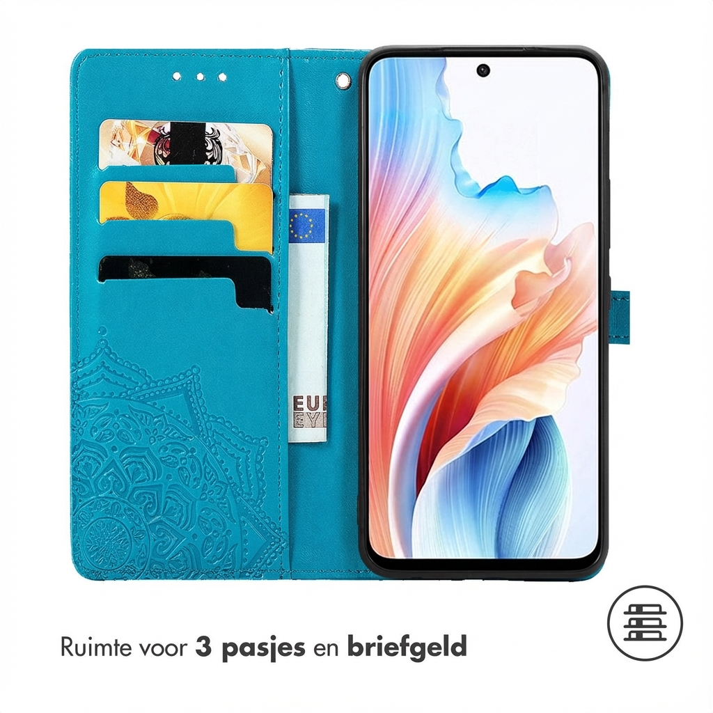 Türkiser Handyhülle mit Kartenfächern und Geldscheinfach. Smartphone mit bunter Anzeige.