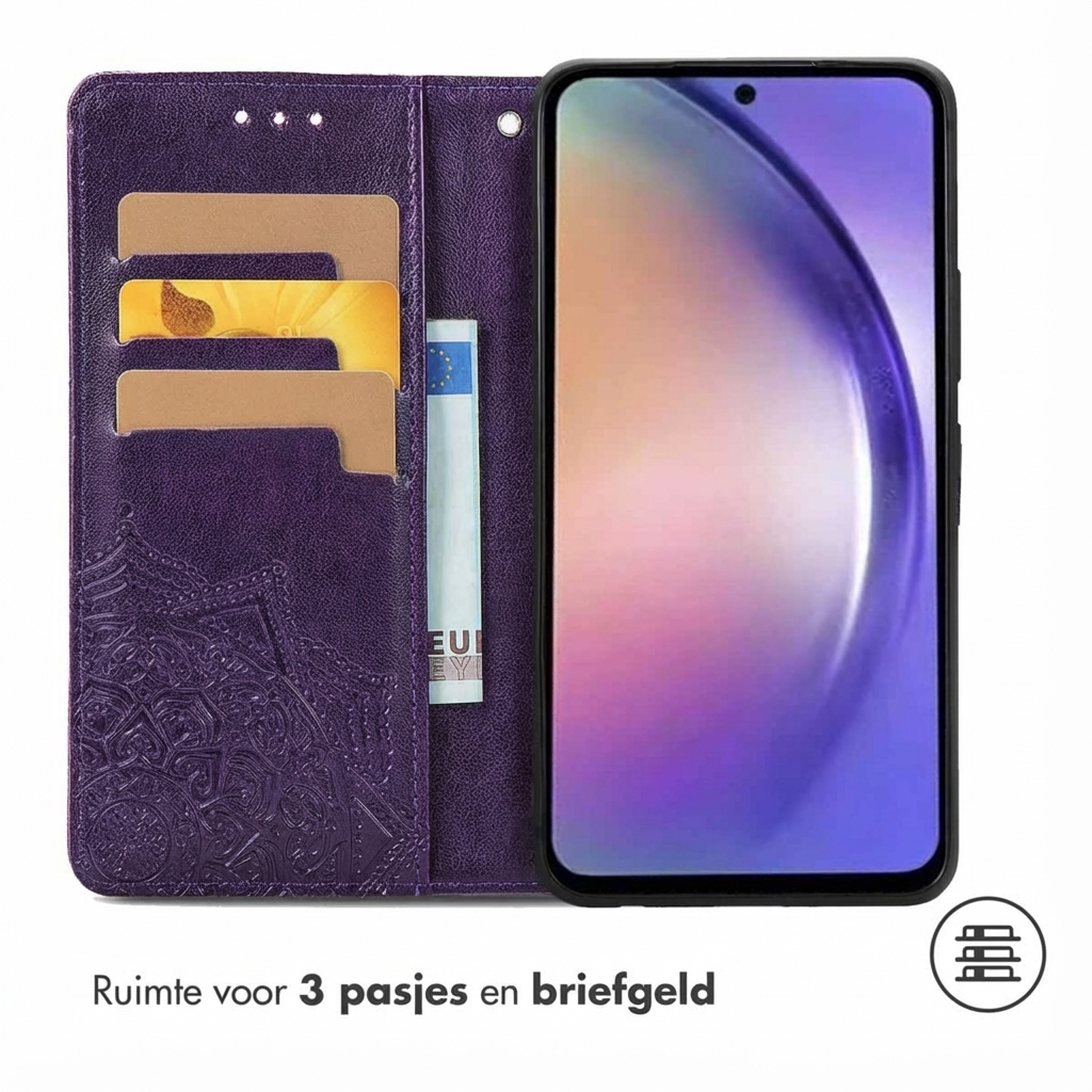 Custodia a portafoglio viola per telefono con slot per carte e scomparto.