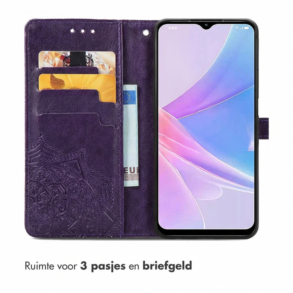 Étui de téléphone violet avec fentes pour cartes et poche à billets. Affiche un smartphone.