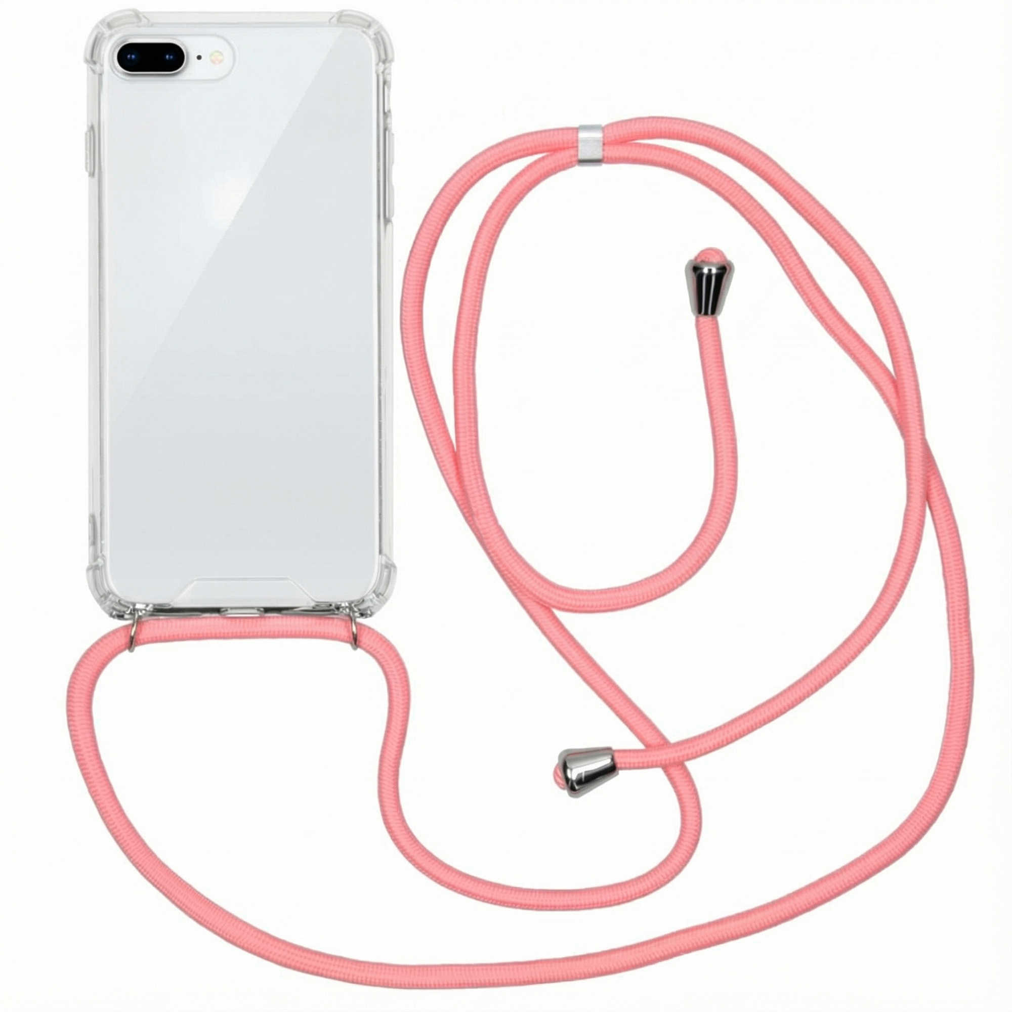 Een doorzichtige telefoonhoes met een roze koord en zilveren accenten.