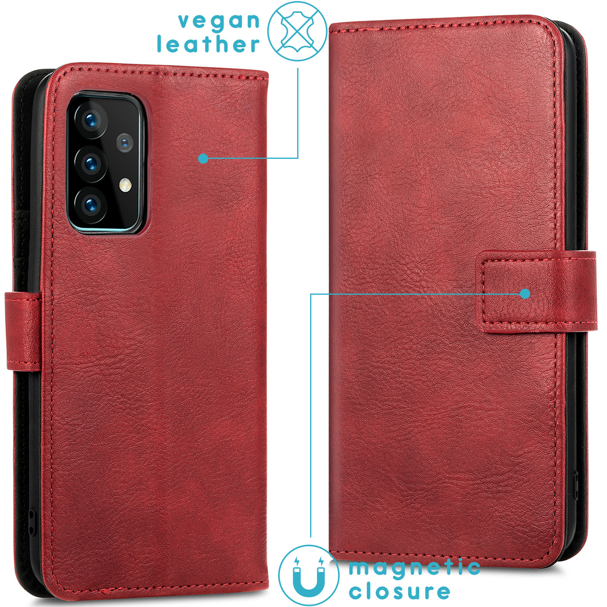 Rode vegan leren telefoonhoes met magnetische sluiting en cameragate.
