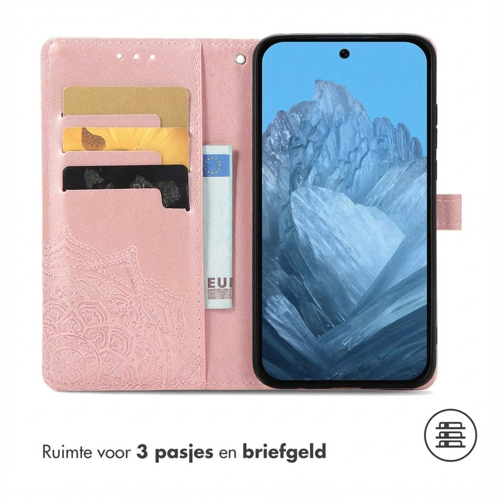 Roze telefoonhoesje met kaarthouders en geldvak, toont telefoon met kristal achtergrond.