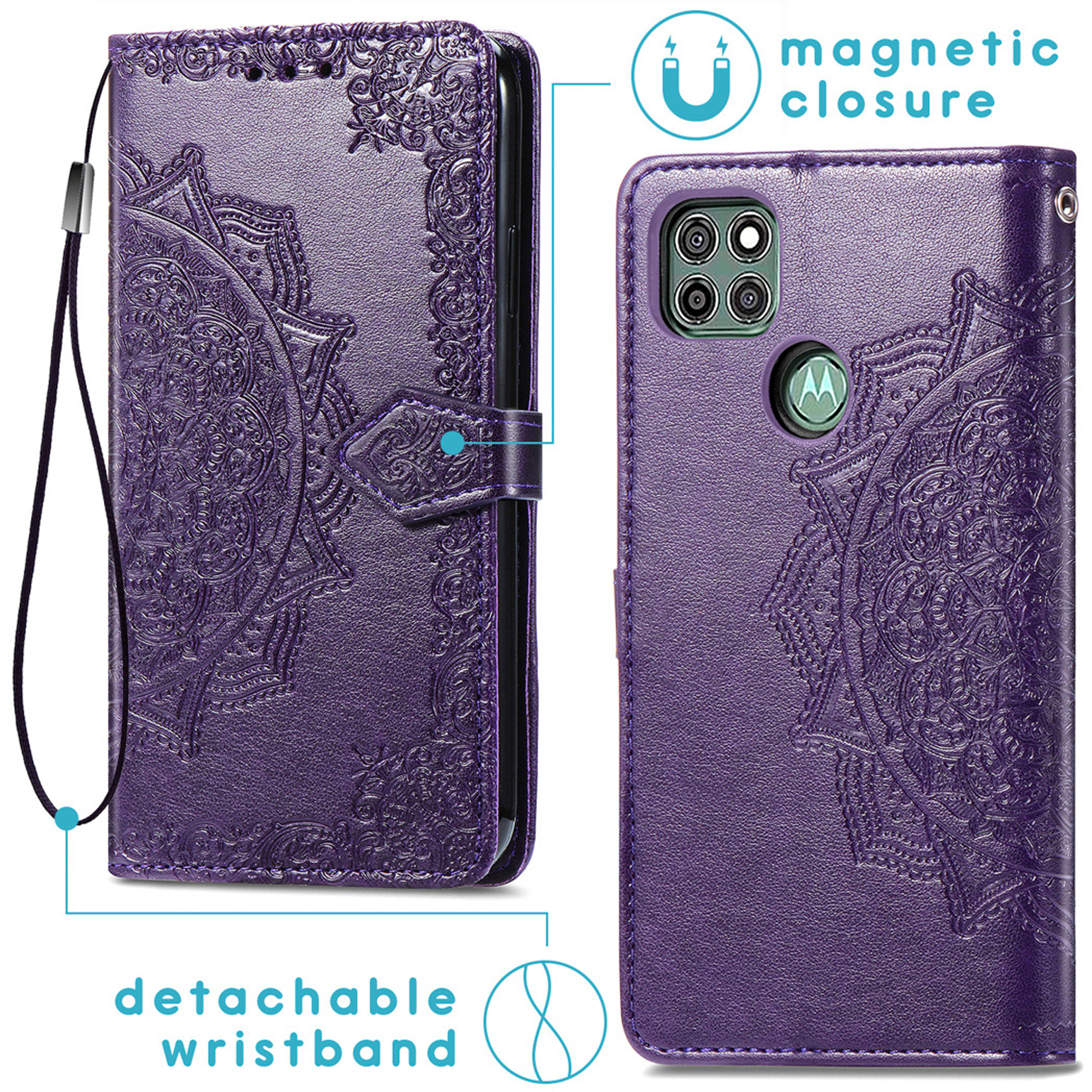 Custodia viola per telefono con mandala in rilievo, cinturino staccabile e chiusura magnetica.