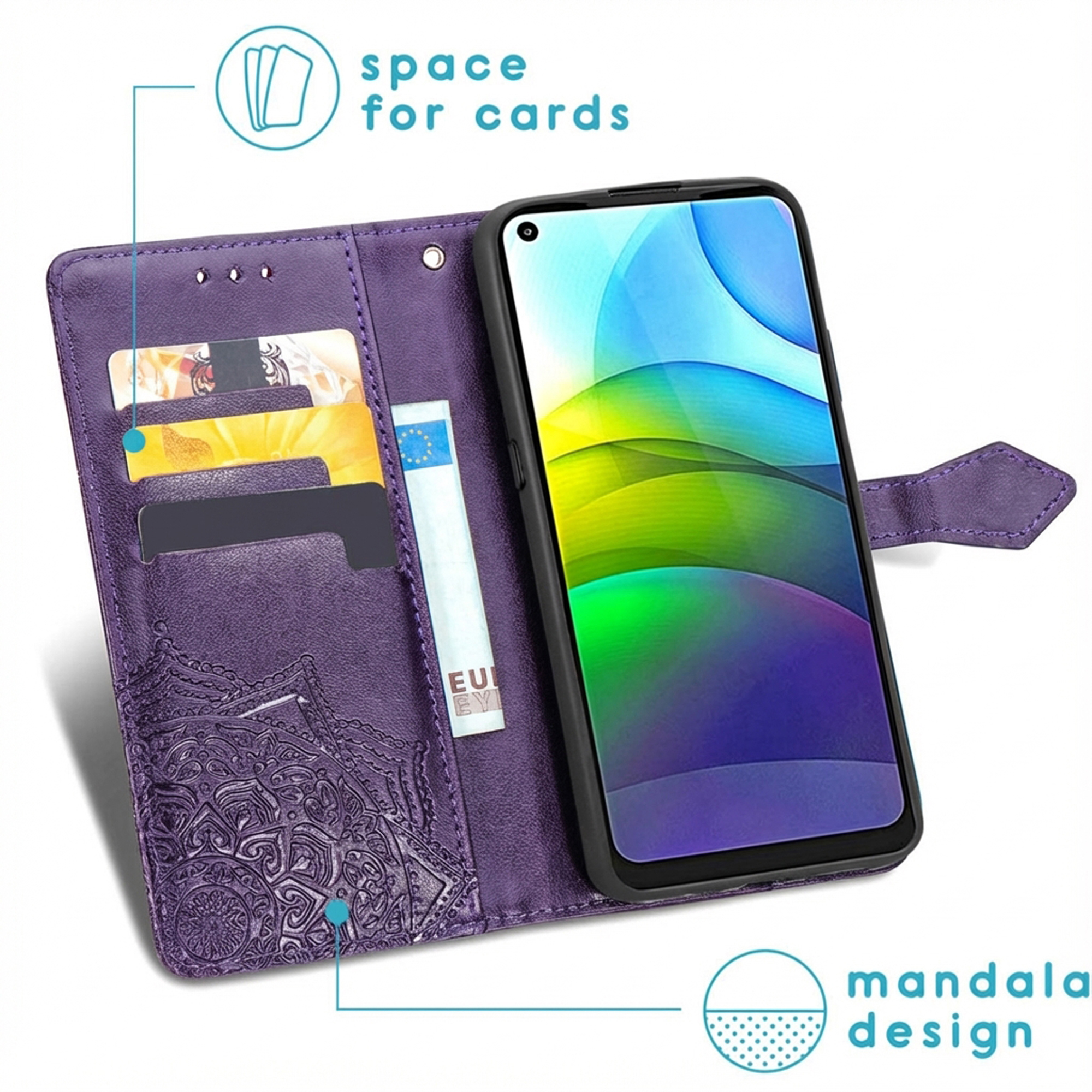 Custodia viola per telefono con slot per carte, design mandala.