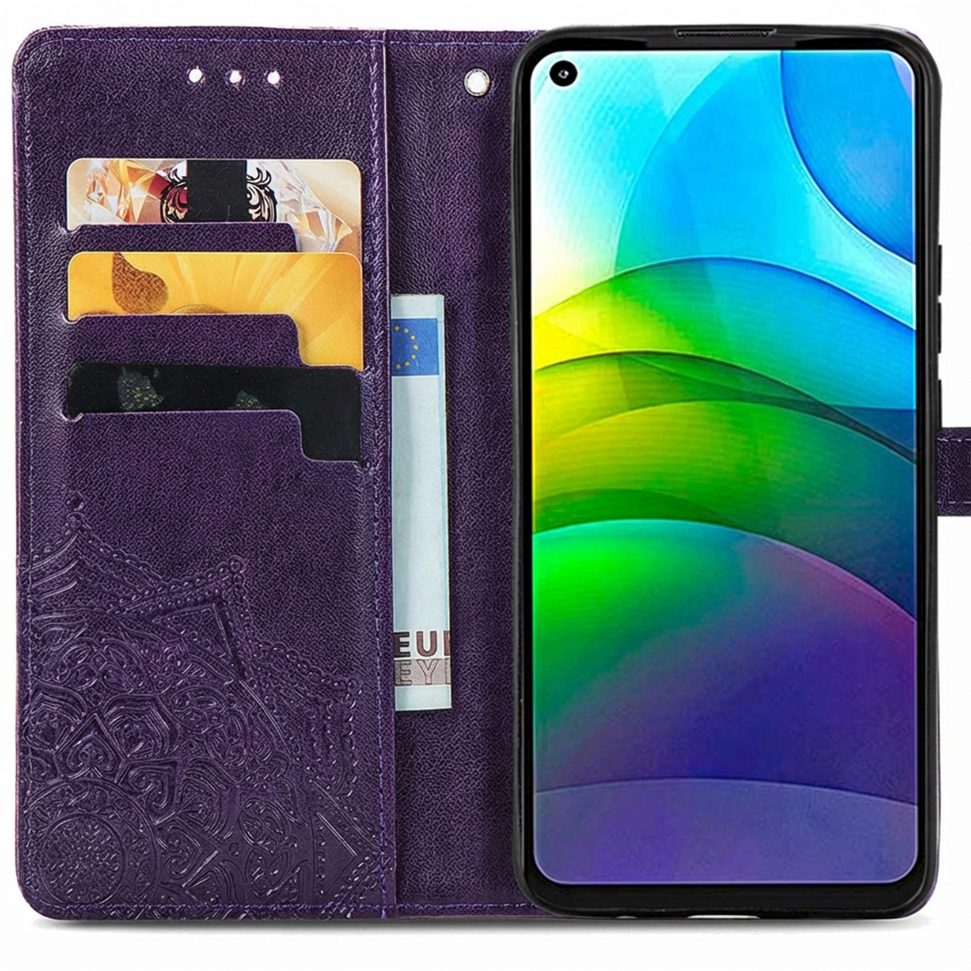 Custodia viola per telefono con slot per schede e smartphone.