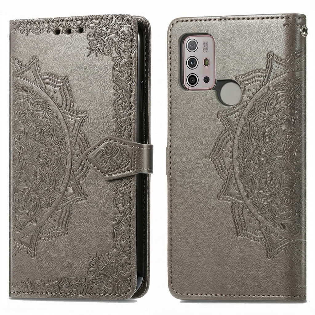 Custodia grigia per telefono con mandala in rilievo, aperta davanti e dietro.