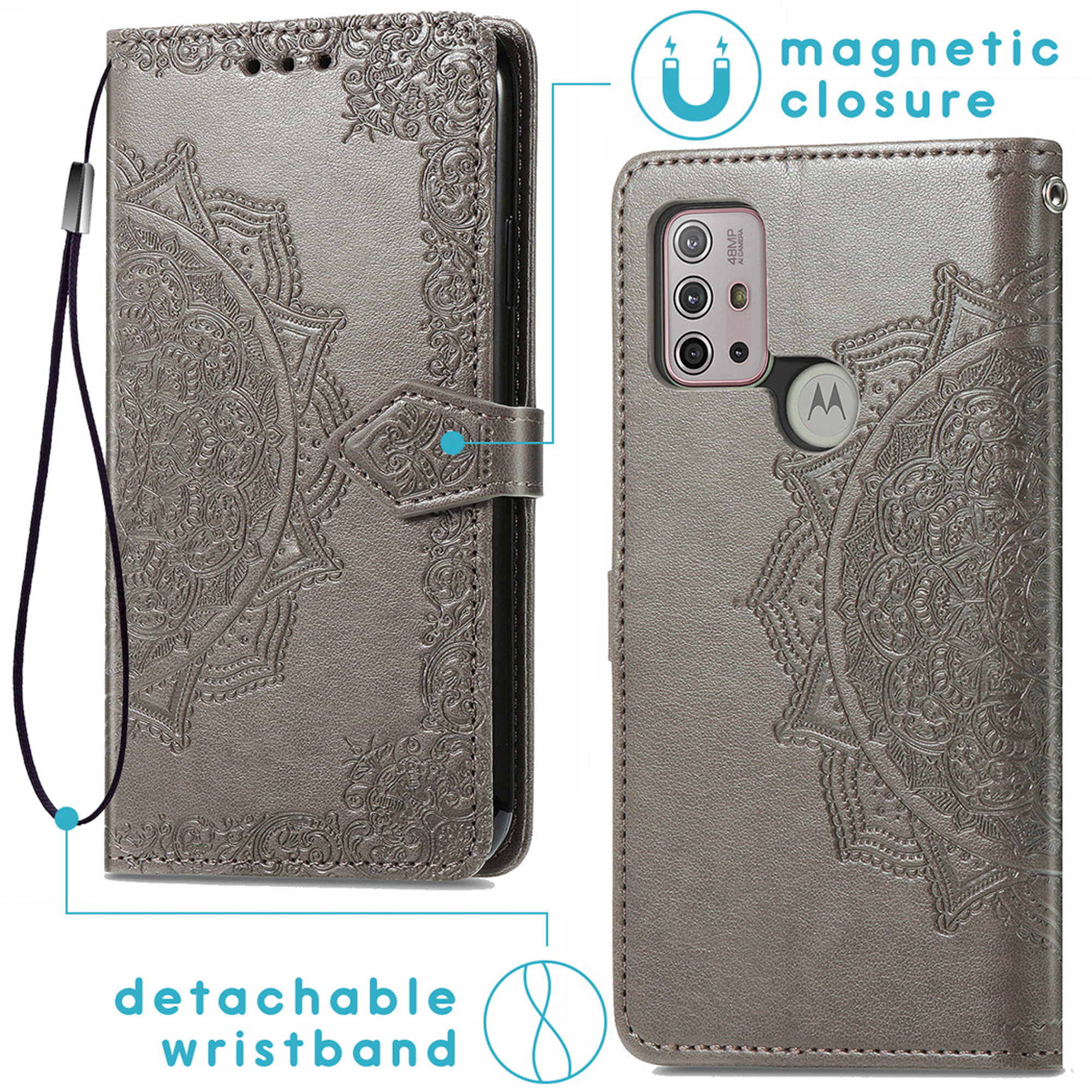 Custodia grigia per telefono con mandala in rilievo, cinturino staccabile, chiusura magnetica.
