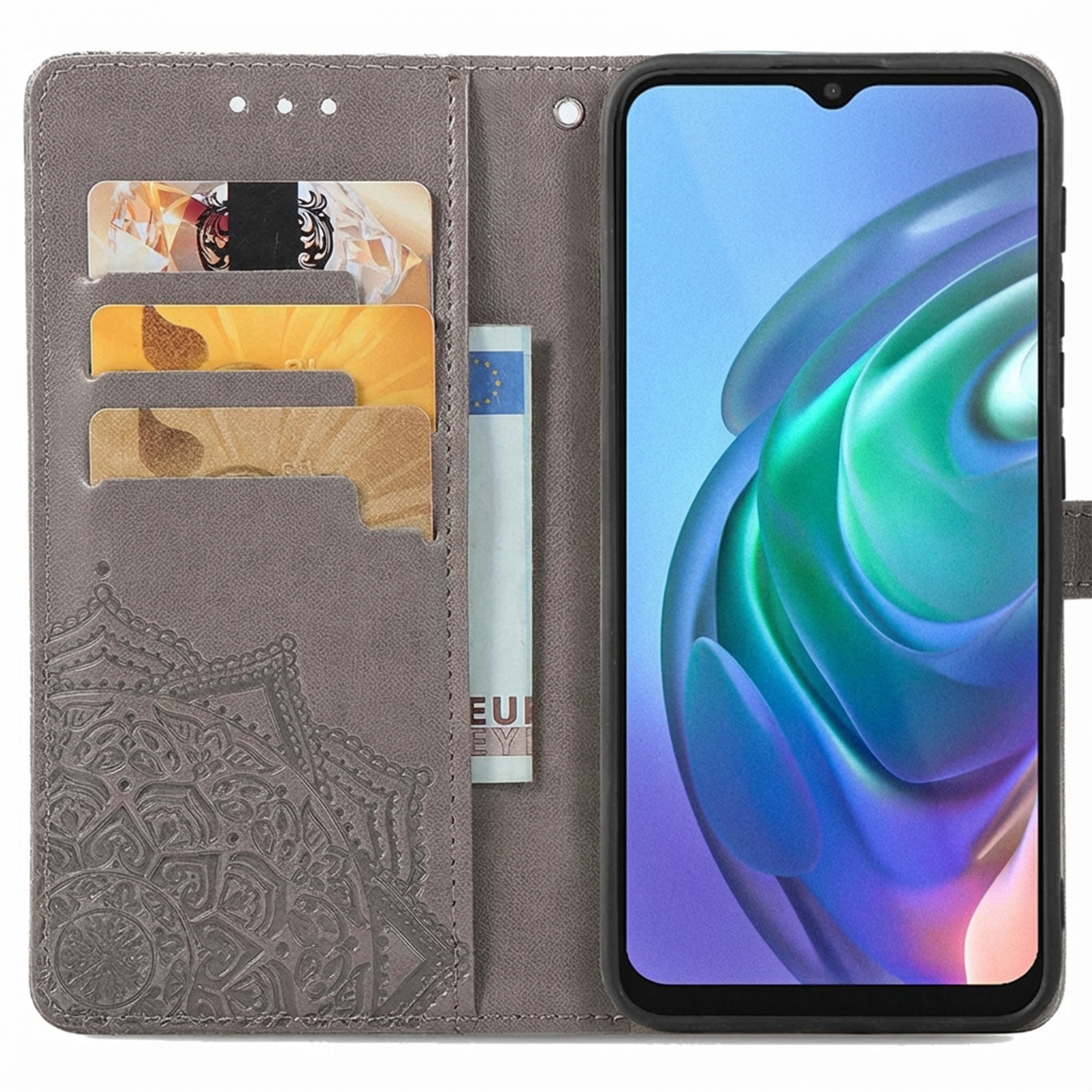 Custodia a libro grigia per telefono con slot per carte, incisione mandala e banconota euro.