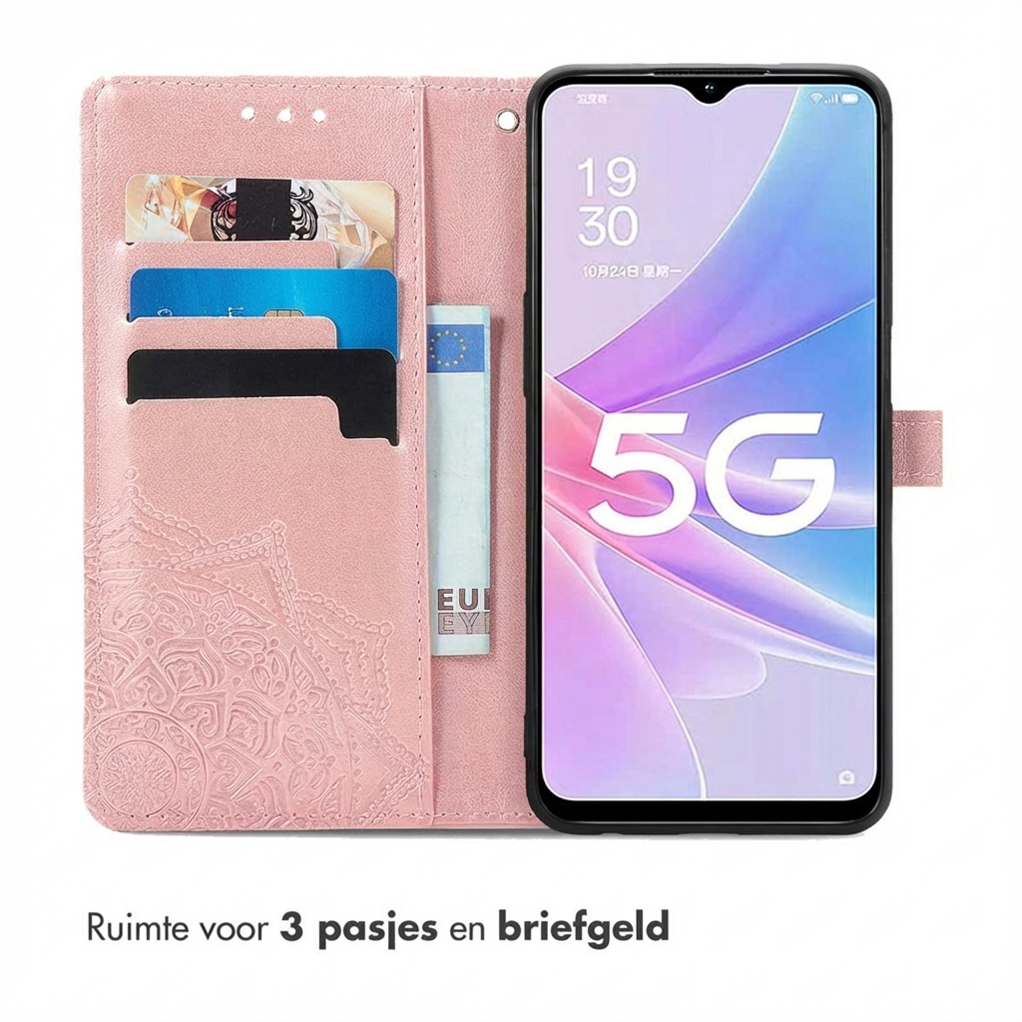 Een roze telefoonhoes met kaarthouders en een smartphone met 5G-weergave.