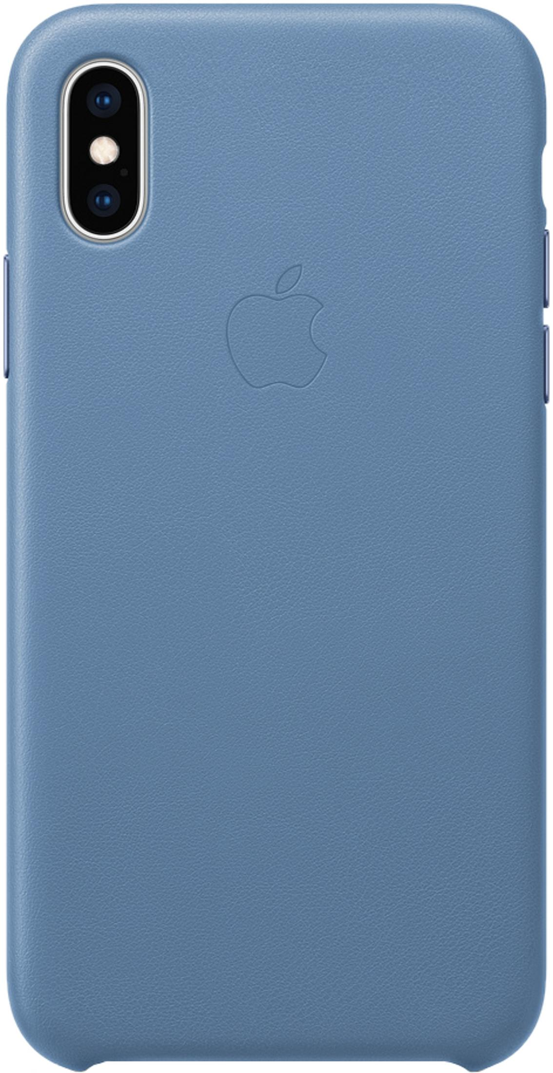 Custodia blu per telefono con logo Apple e ritaglio fotocamera.