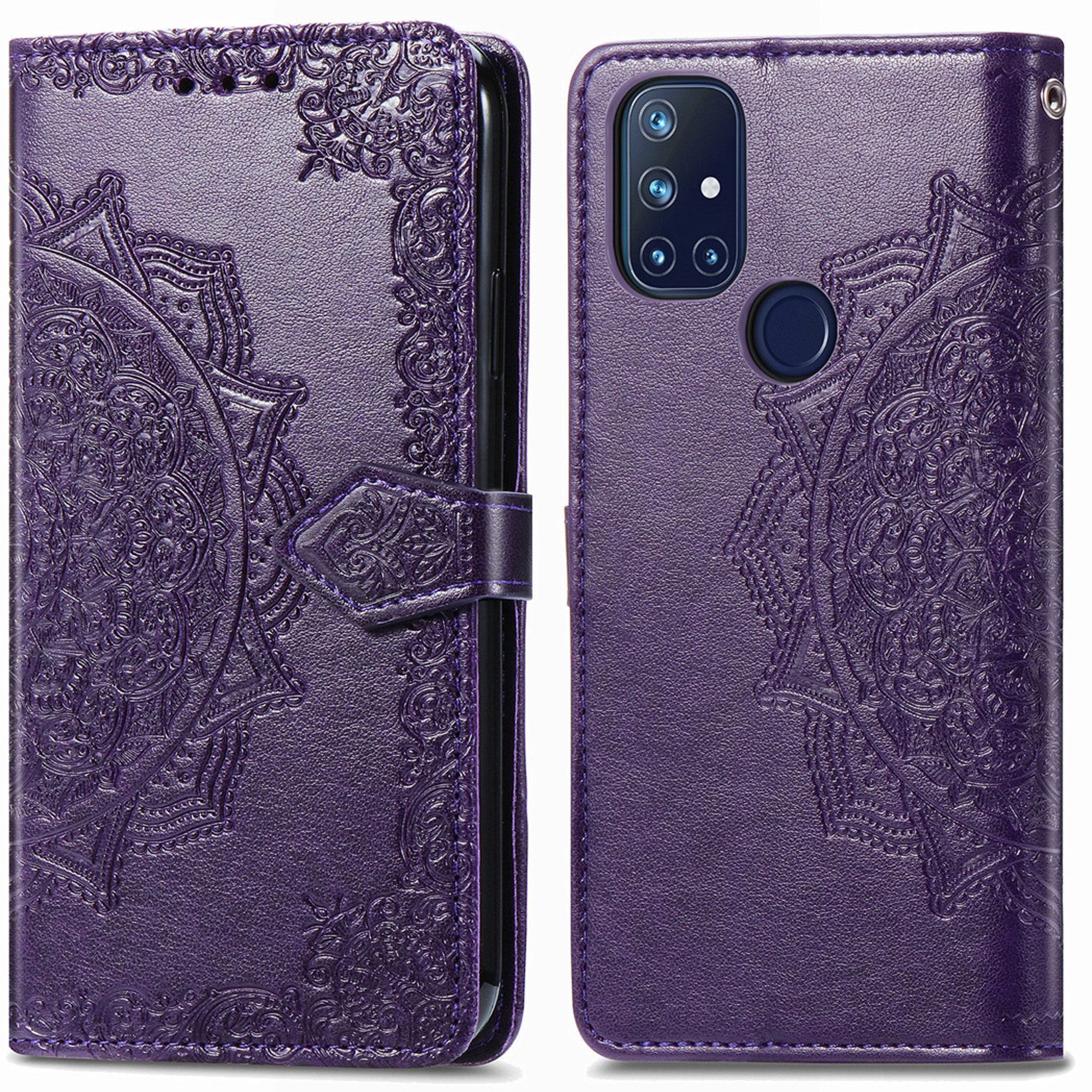 Paarse telefoonhoes met mandala-reliëf, open en gesloten getoond.
