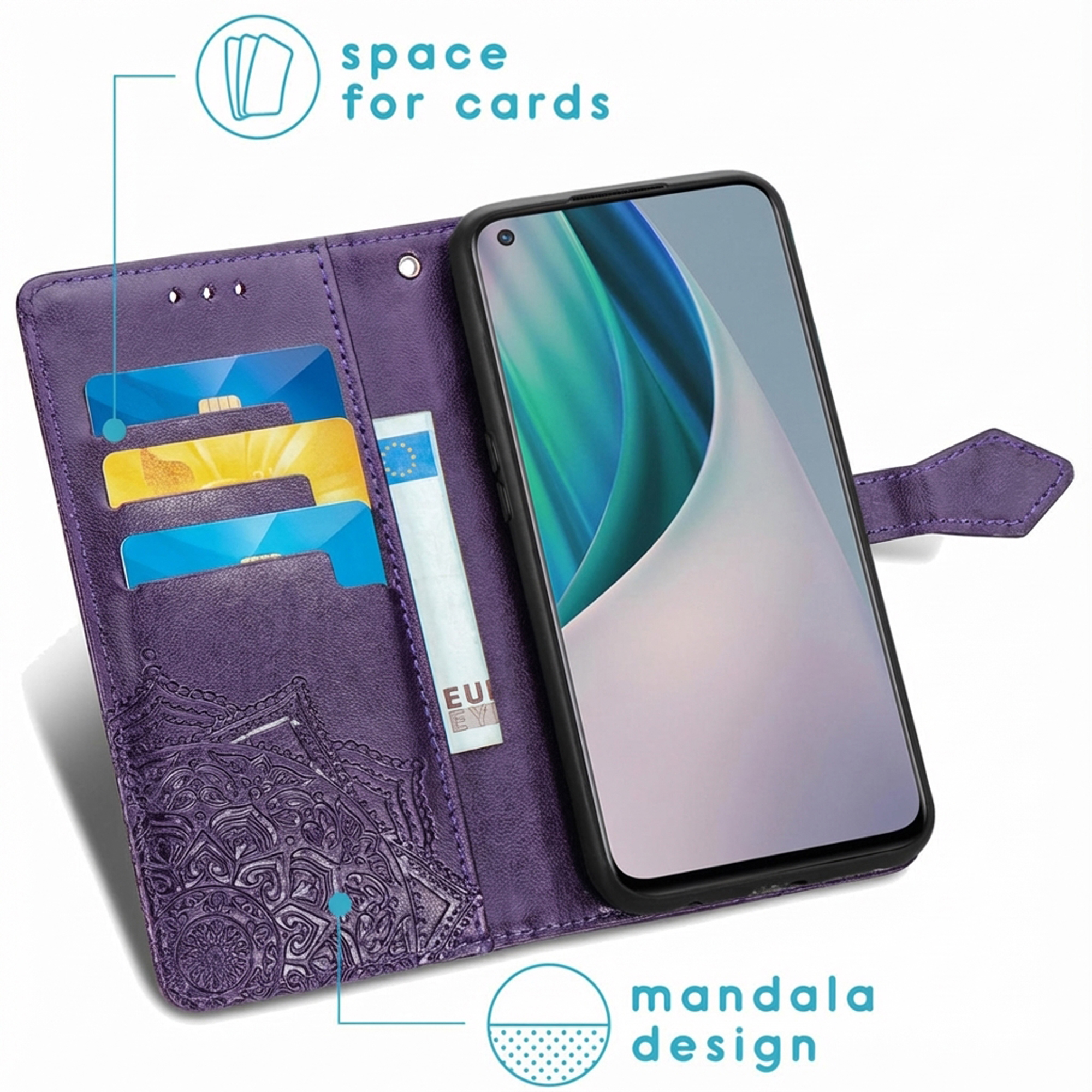 Paarse telefoonhoes met kaartsleuven en mandala-ontwerp.