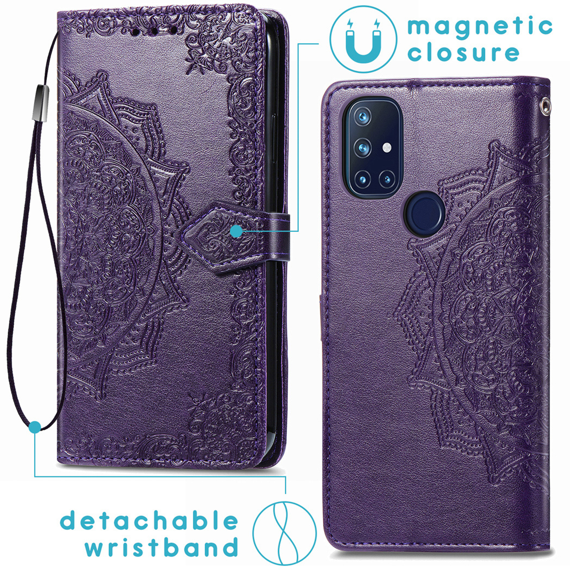 Paarse telefoonhoes met mandala-reliëf, afneembare polsband en magnetische sluiting.