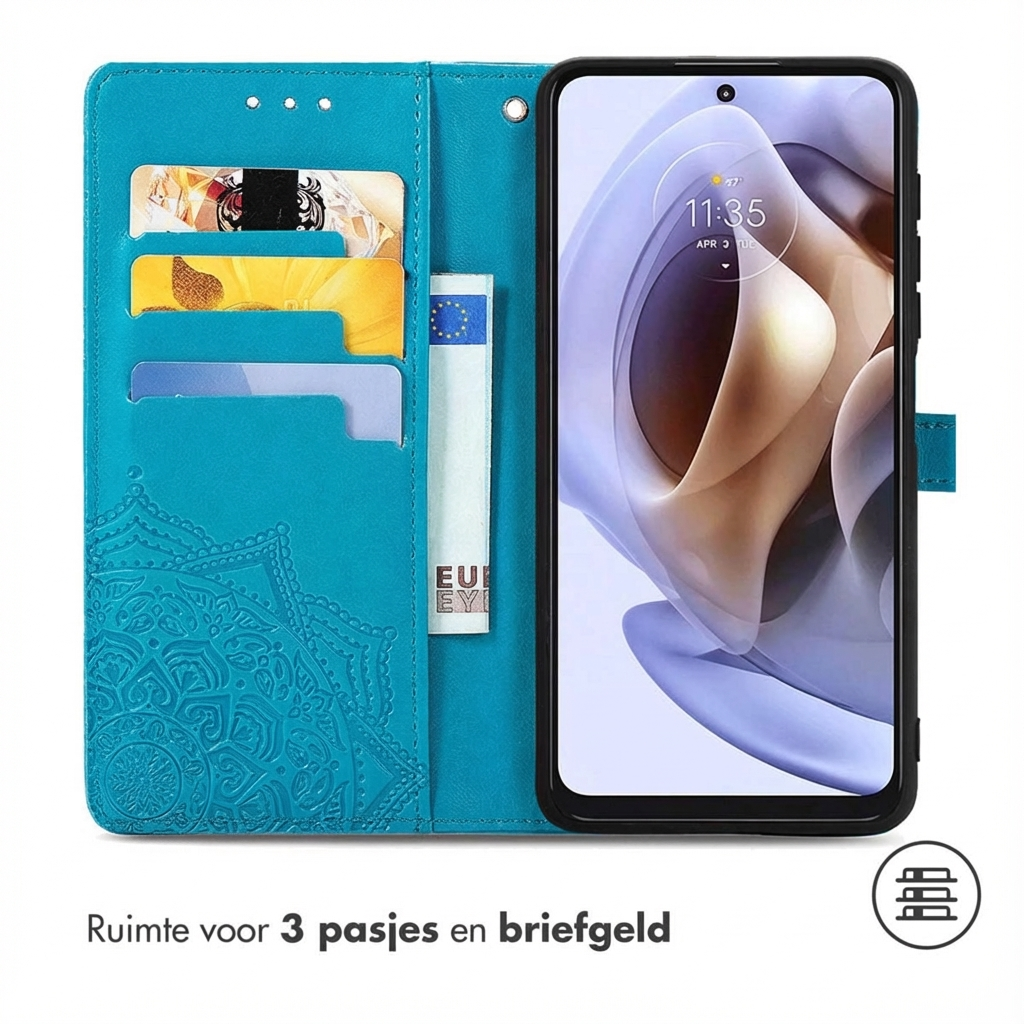 Een turquoise flip telefoonhoes met kaartsleuven en een telefoon.