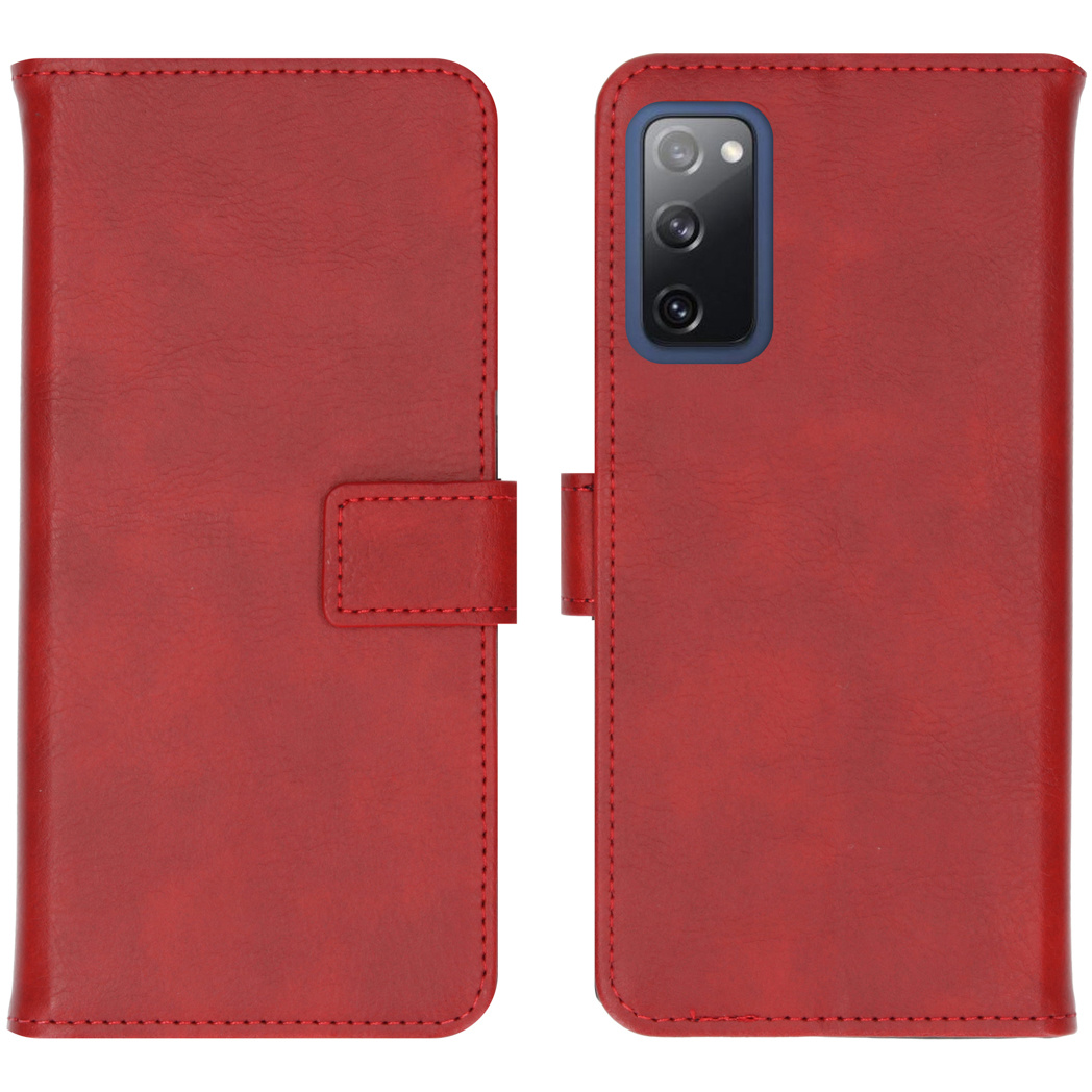 Étui de téléphone rouge ouvert, vues avant et arrière.