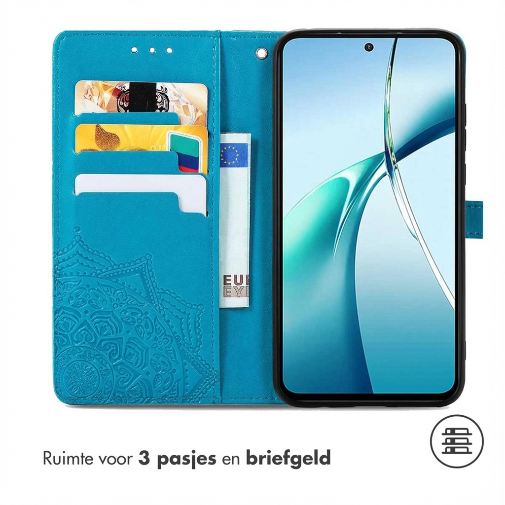 Un étui de téléphone à rabat turquoise avec des fentes pour cartes et un téléphone.