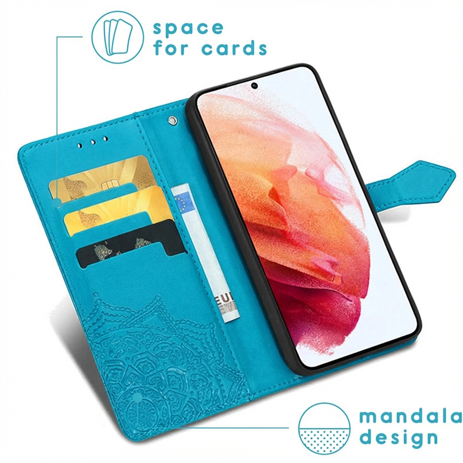 Turquoise portemonnee telefoonhoes met kaartsleuven, mandala-ontwerp en telefoonscherm.