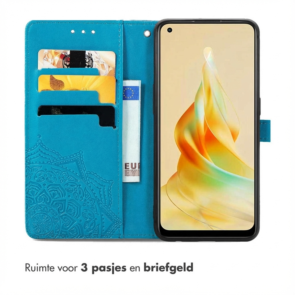 Étui portefeuille turquoise pour téléphone avec emplacements pour cartes et un téléphone affichant une image abstraite colorée.